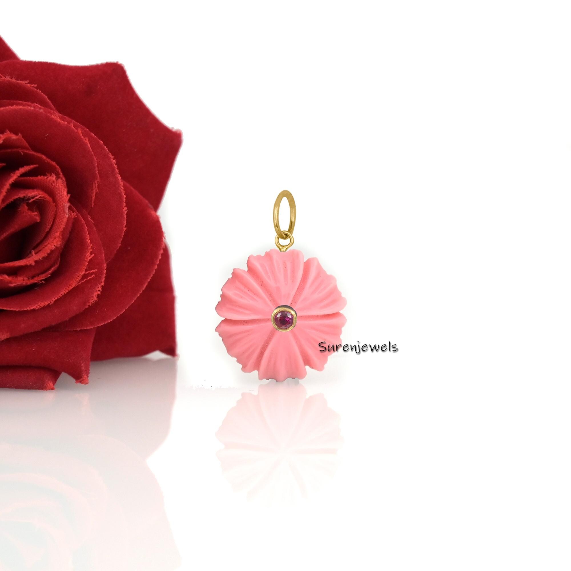 14K Gold Flower Pendant: Gemstone & Ruby CZ Charm - View 3 - Suren Jewels | SKU: SJP4375-SLYGOCRGCZ-25M
