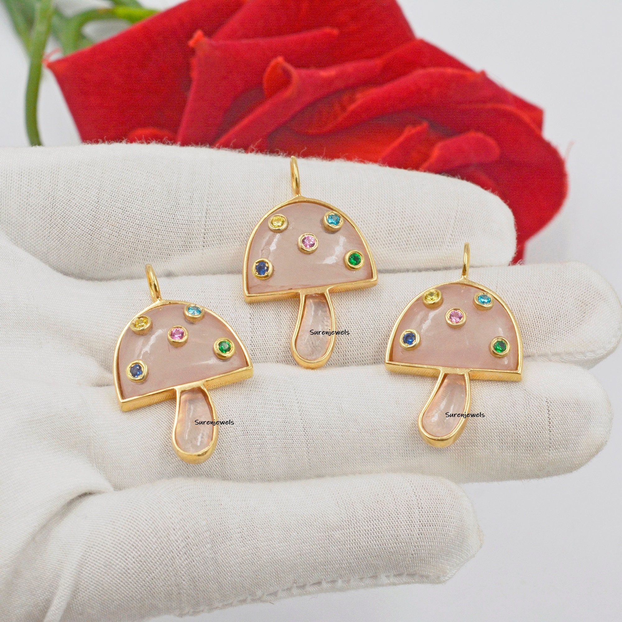 14K Gold Rose Quartz Mushroom Pendant: Gemstone Charm - View 4 - Suren Jewels | SKU: SJP980-SLYGPOMTCS