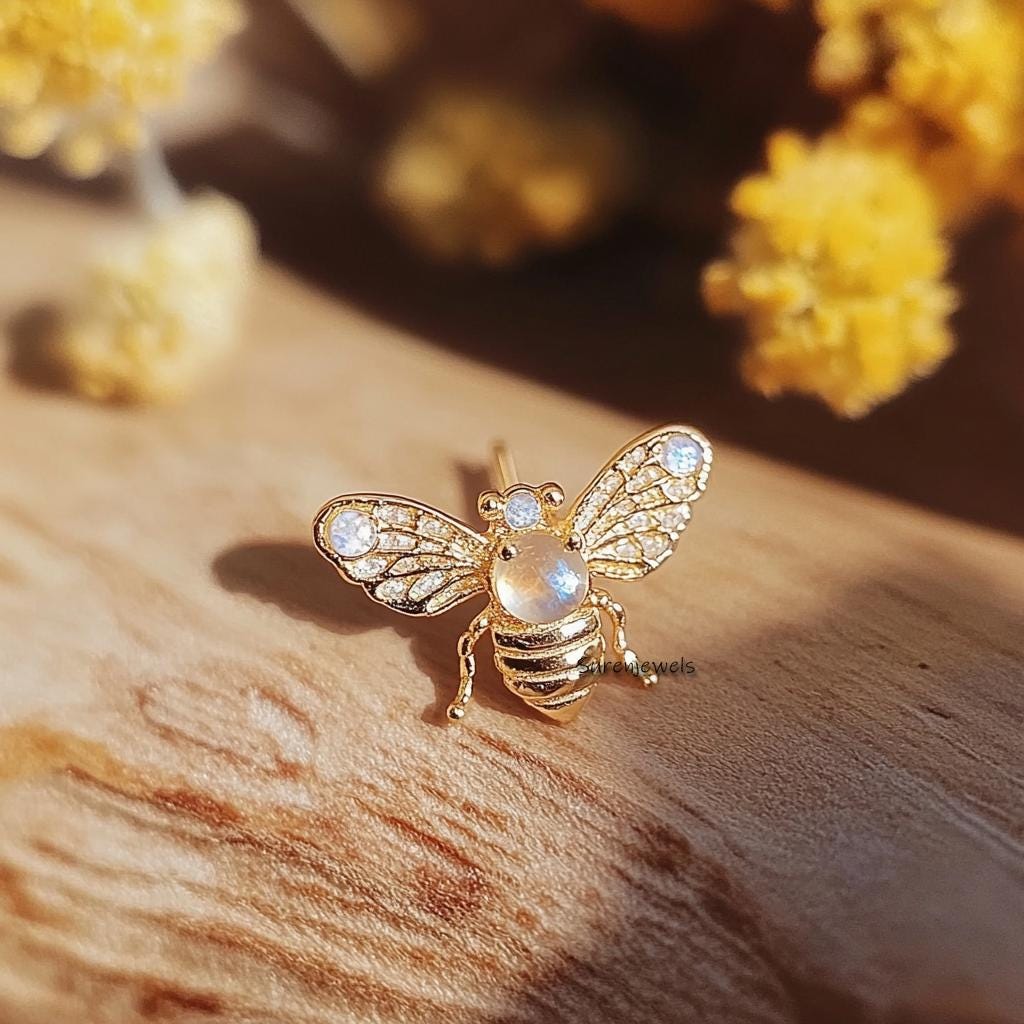 14K Gold Honey Bee Stud Earrings: Gemstone Bumble Bee Jewelry - View 4 - Suren Jewels | SKU: SJE1795-SLRGTE-12M,SJE1775-SLYGE