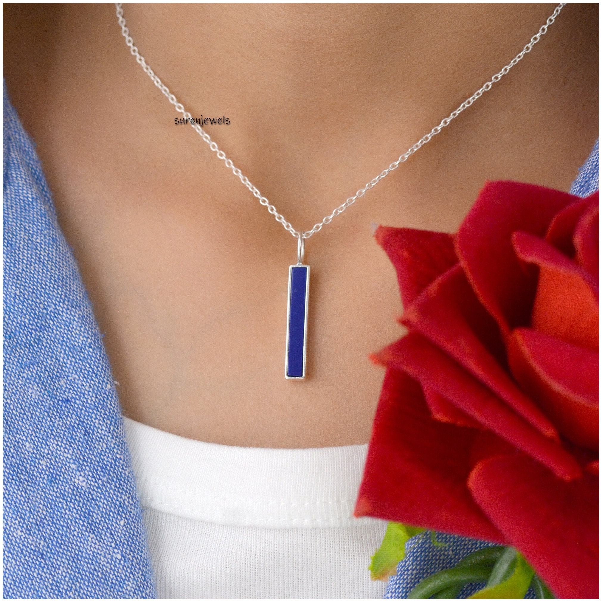 14k Gold Gemstone Bar Pendant: Lapis Lazuli or Turquoise - Suren Jewels | SKU: SJP1438-SLNSLPZ