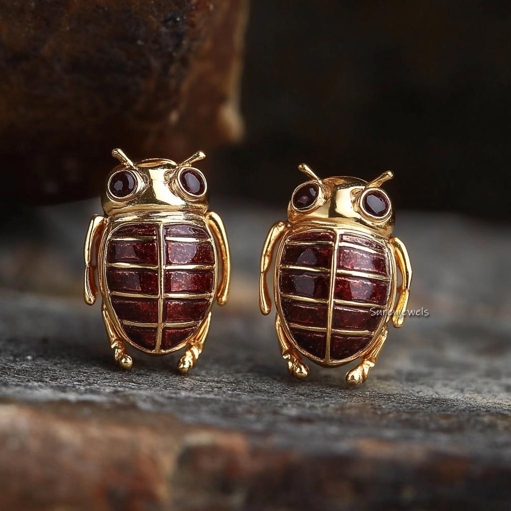 14K Gold Gemstone Scarab Studs: Hand Carved Egyptian Beetle Earrings - View 5 - Suren Jewels | SKU: SJE1875-SLYGGT-10M,SJE187