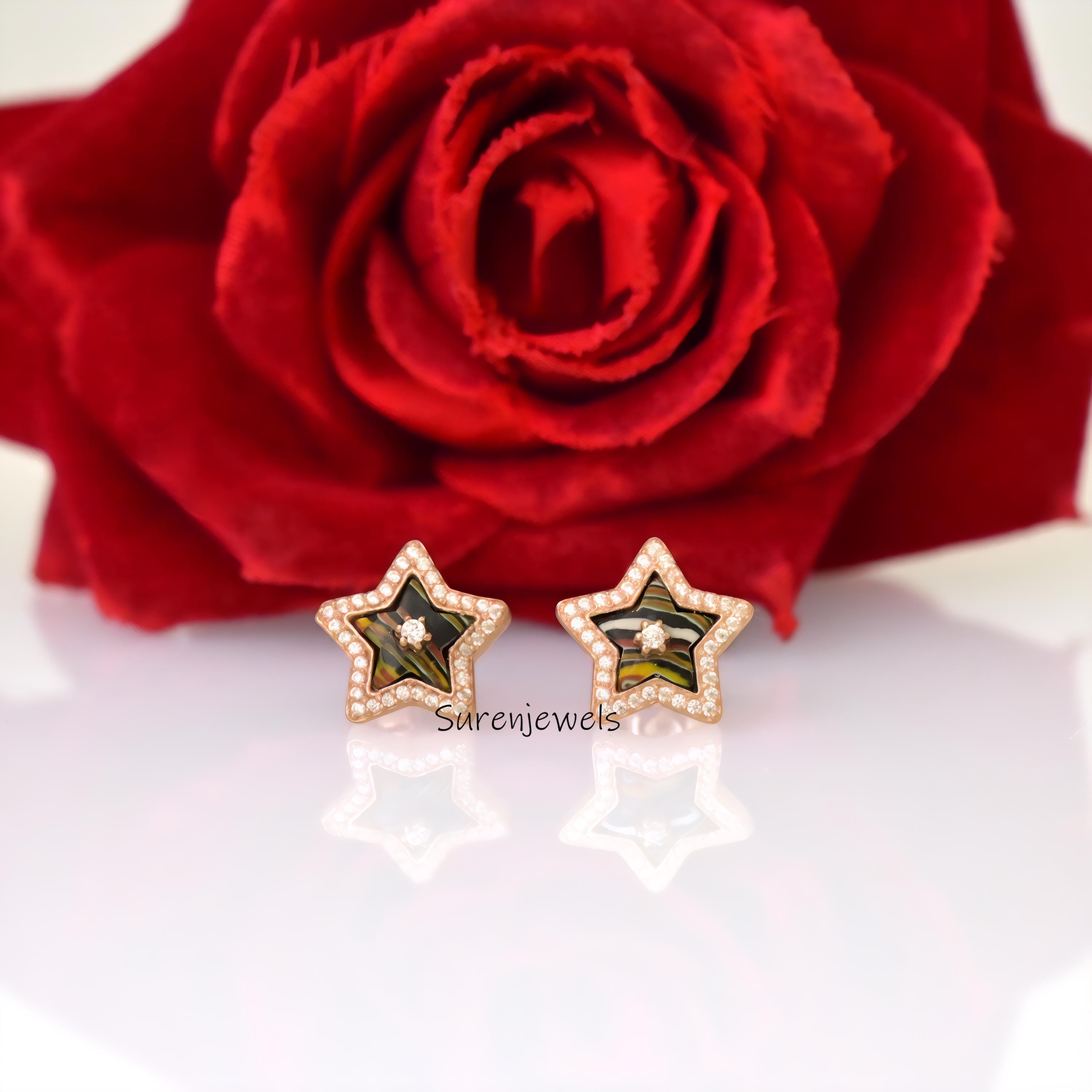 14K Gold Gemstone Star Studs: Designer Earrings - Suren Jewels | SKU: SJE1817-SLRGFDCZ-12M