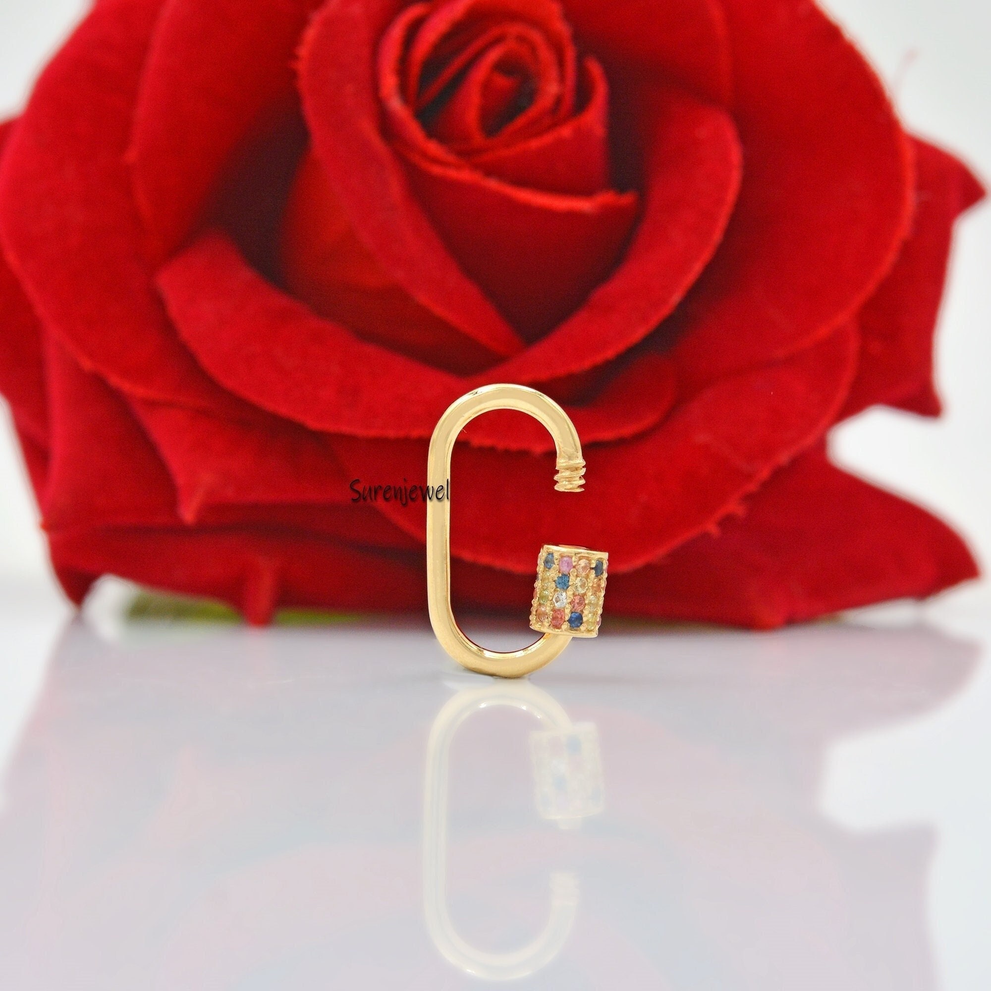 14k Gold Carabiner Lock with Multi Sapphire Accent - View 3 - Suren Jewels | SKU: SJC132-14KYGMT