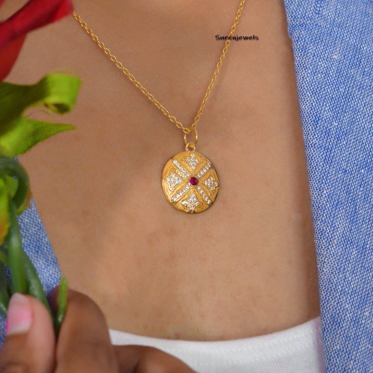 Sterling Silver Disc Pendant: Cubic Zircon Multi Stone Charm, 18 Inch Chain - Suren Jewels | SKU: SJP429-SLYGCZP-N41-18I
