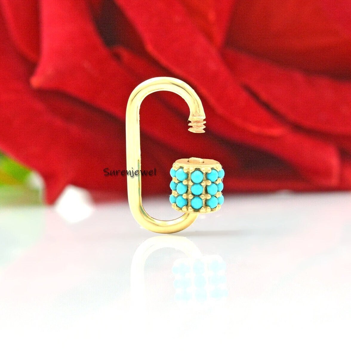 Handmade 925 Silver Carabiner Lock: Turquoise Gemstone Jewelry - Suren Jewels | SKU: SJC09-14KYGTQ-20M
