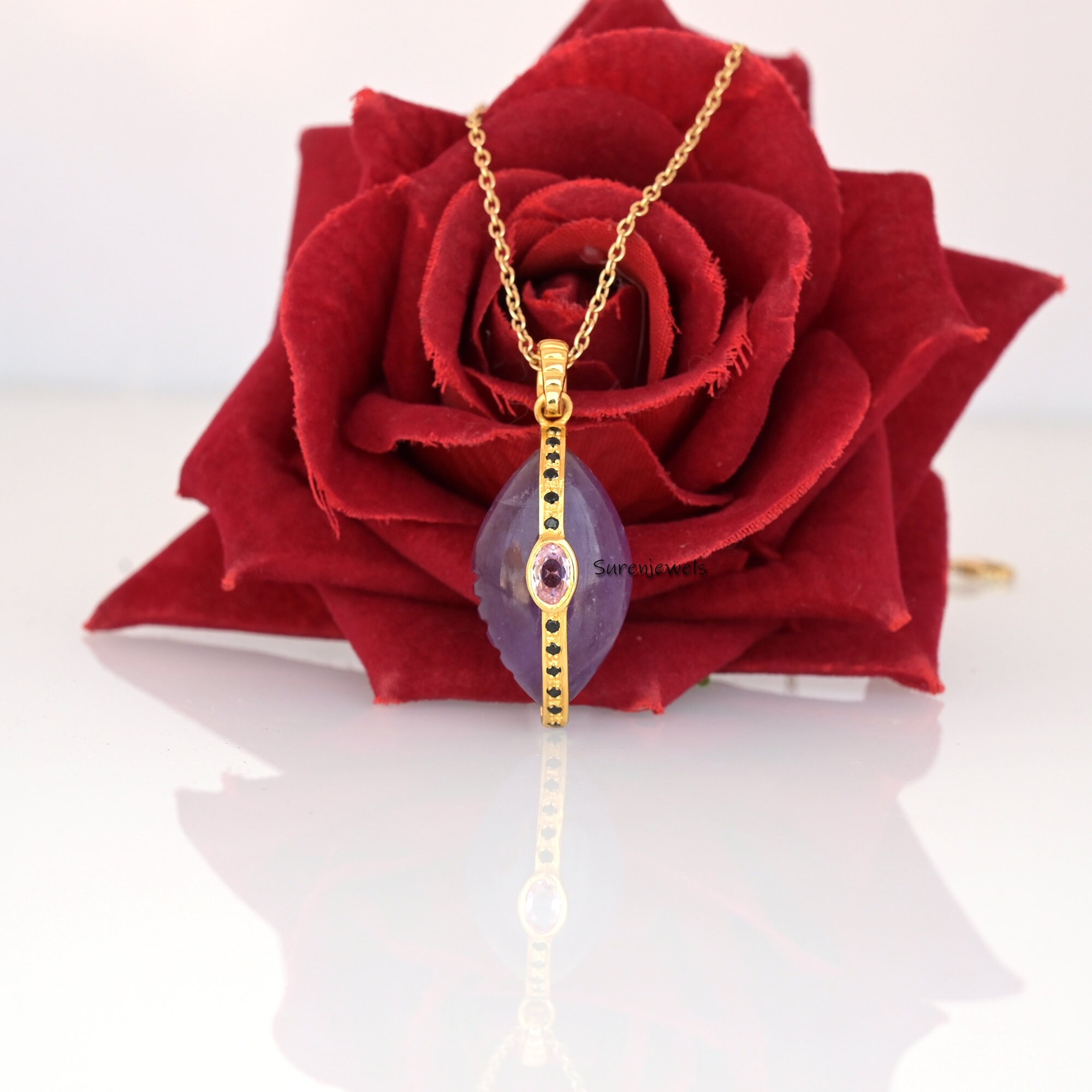 14k Gold Gemstone Cowrie Shell Pendant: Black Spinel & CZ - View 4 - Suren Jewels | SKU: SJP1790-SLYGBOCZPBS