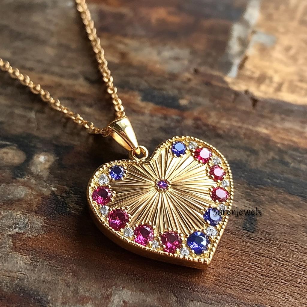 14K Gold Fluted Heart Pendant: Multi Gemstone Sunburst Design - View 4 - Suren Jewels | SKU: SJP4459-SLYGMG-25M,SJP4729-SLYGR