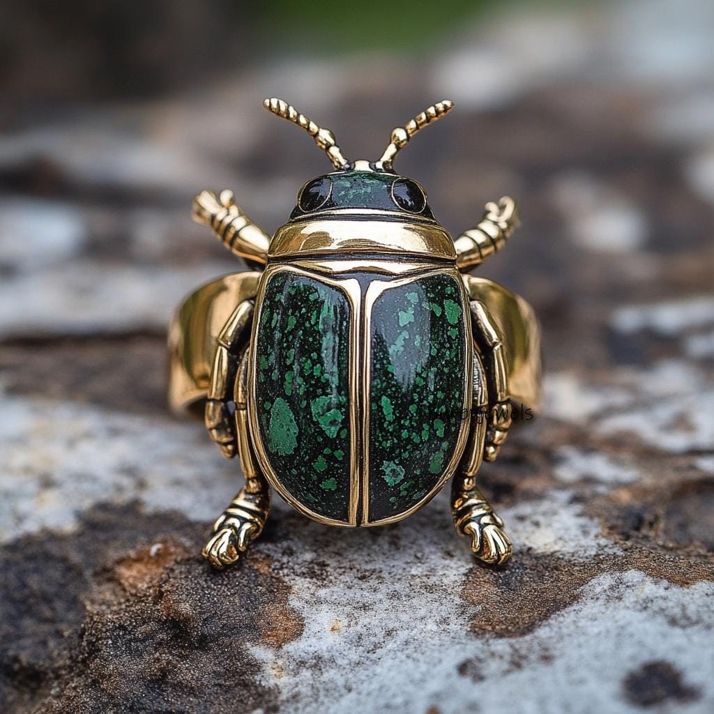14k Gold Malachite Scarab Ring: Hand Carved Animal Ring - View 5 - Suren Jewels | SKU: SJR2927-SLYGMKBKCZ-US-8,SJR2865-SLNSMS