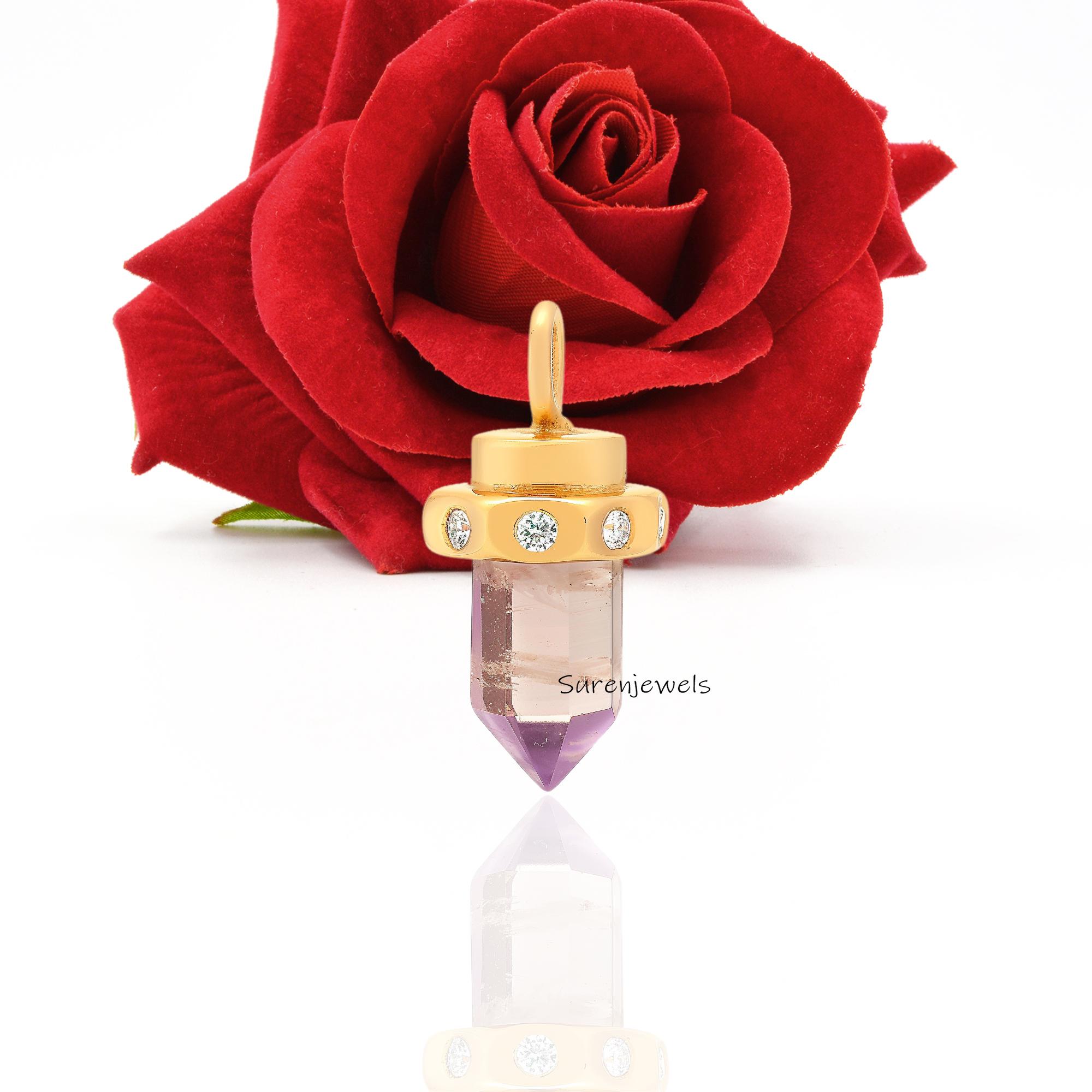 14K Gold Moonstone Point Pendant with Moissanite Diamond - View 3 - Suren Jewels | SKU: SJP,SJP6060-SLYGMSMN-30M