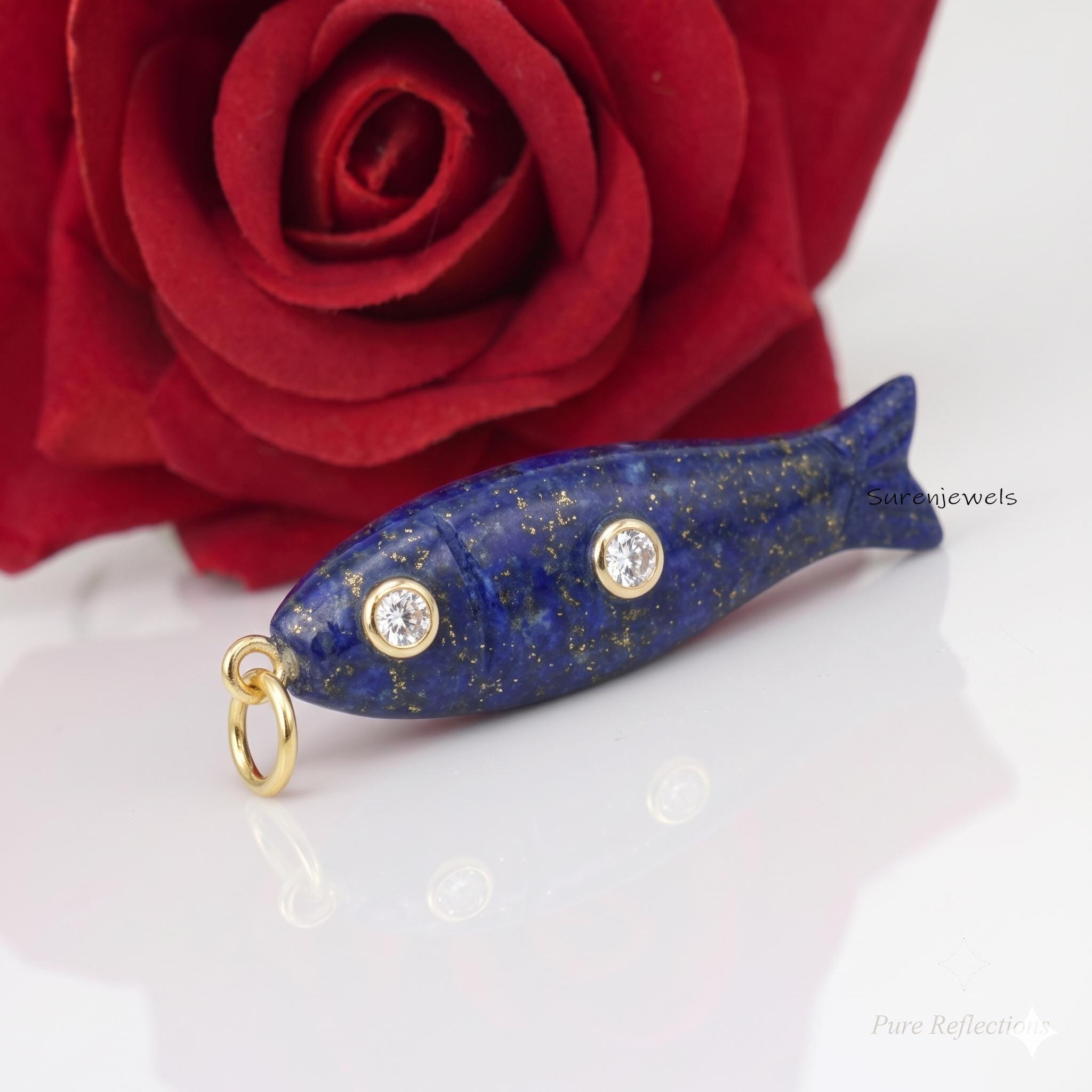 14K Gold Carved Fish Pendant, Hand Carved Gemstone Jewelry, Handmade Fish Charm, Animal Fish Jewelry, Lucky Gem Fish Pendant,