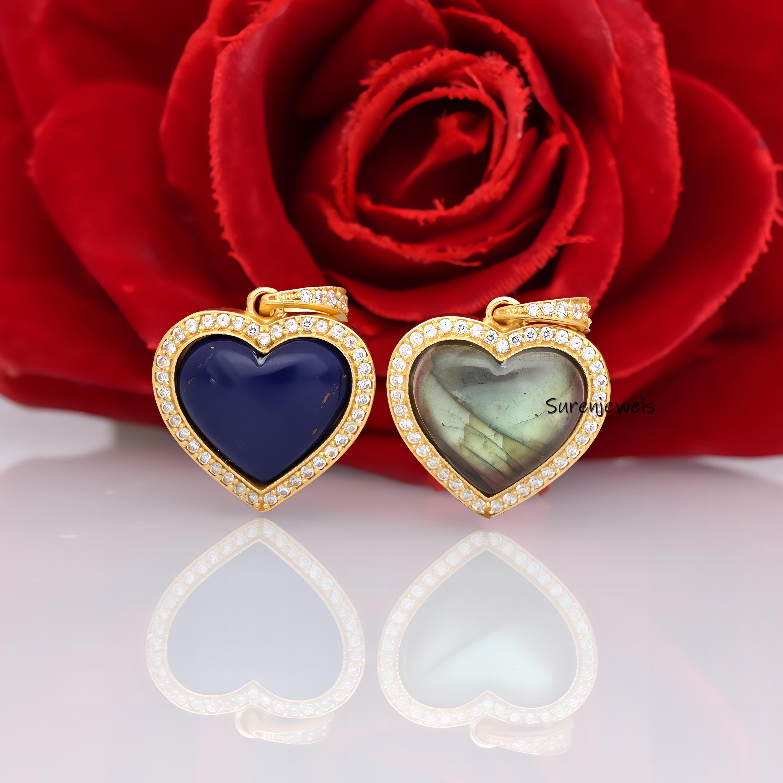 14K Gold Heart Pendant: Lapis & Moissanite Gemstone - View 2 - Suren Jewels | SKU: SJP4171-SLYGLBCZ-25M
