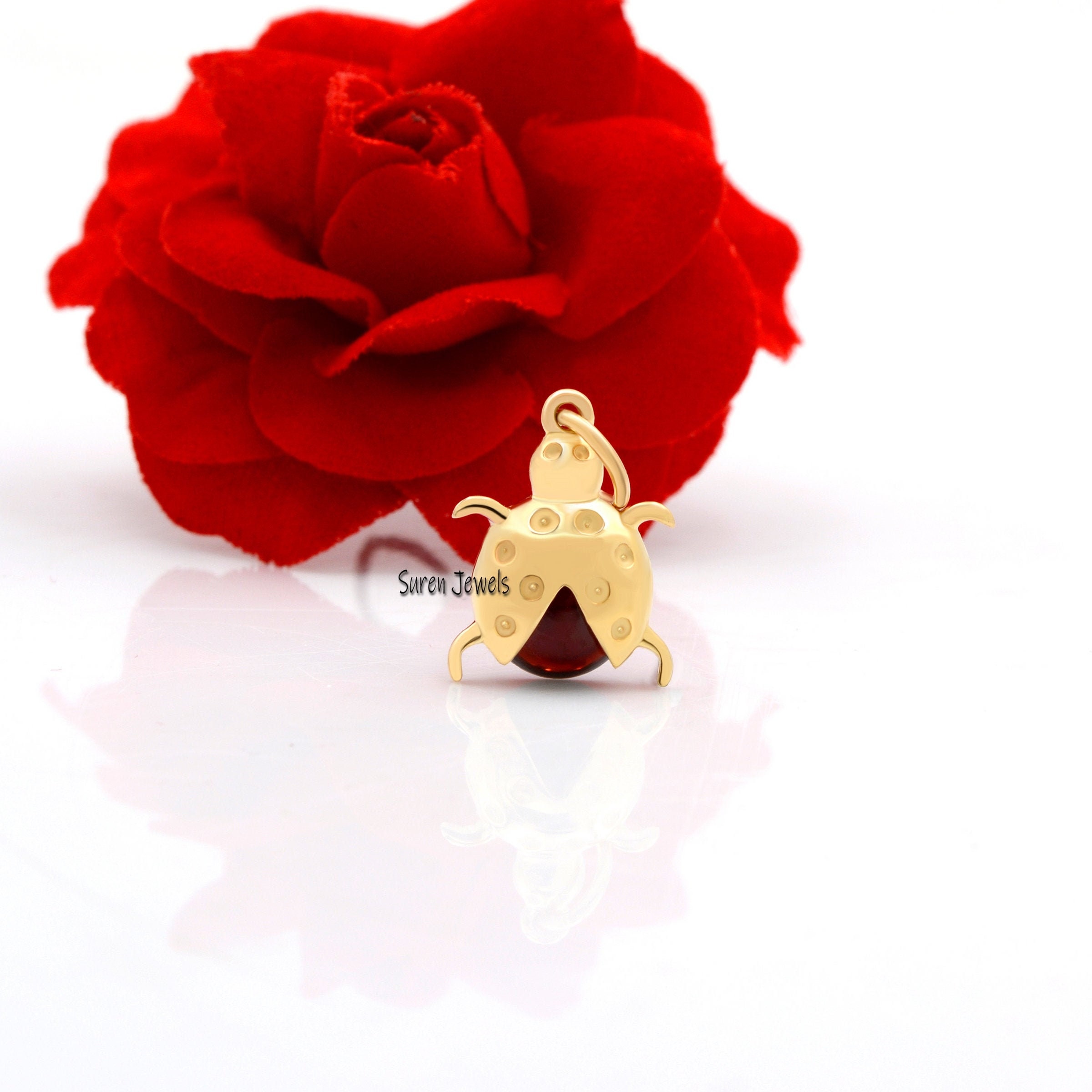14K Gold Ladybug Pendant: Garnet Gemstone Ladybird Charm - Suren Jewels | SKU: SJP787-