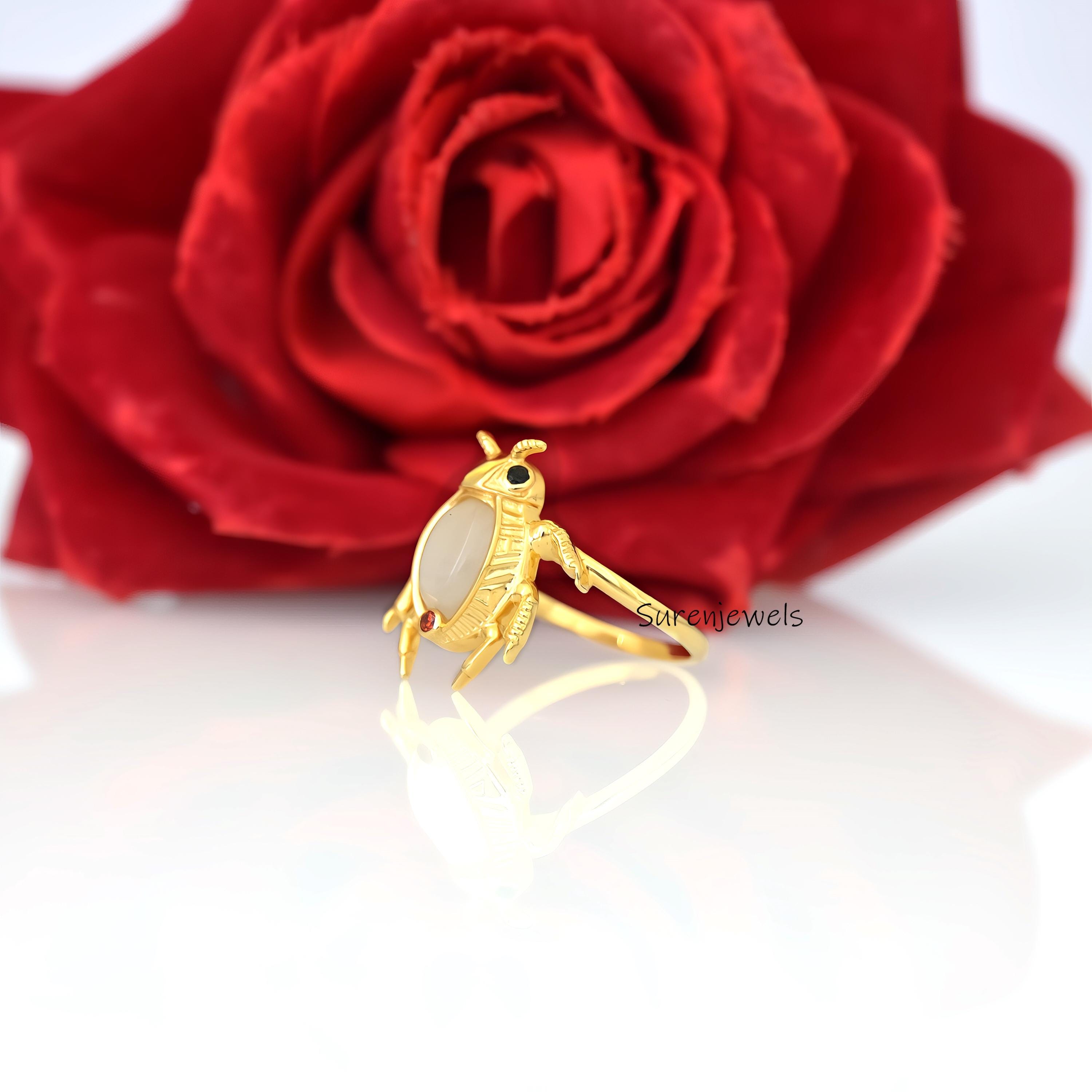 14k Gold Scarab Beetle Gemstone Ring: Egyptian Style - View 5 - Suren Jewels | SKU: SJR2974-SLYGMSBKCZGT-US-7,SJR3156-SLWGGOP