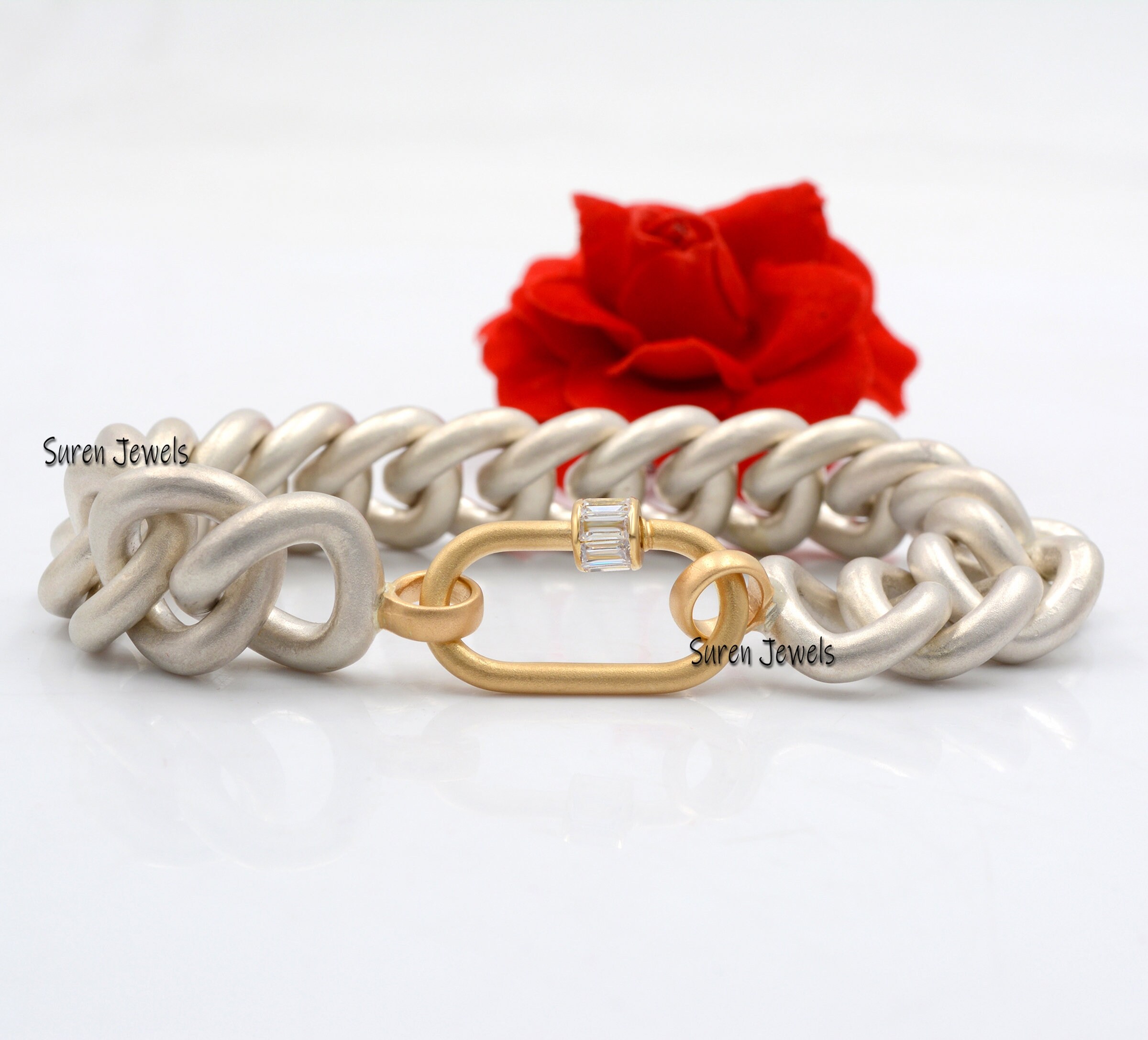 14k Solid Gold Carabiner Lock Bracelet: Chunky Curb Chain, White Topaz - View 4 - Suren Jewels | SKU: MJA554-SLWGYGBTTWT-C136