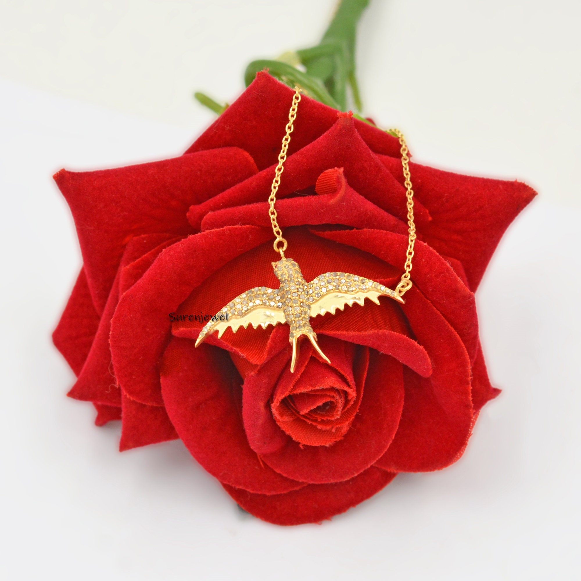 925 Silver Diamond Swallow Pendant: Gemstone Bird Charm - View 2 - Suren Jewels | SKU: SJN638-SLYGDIRU-14I