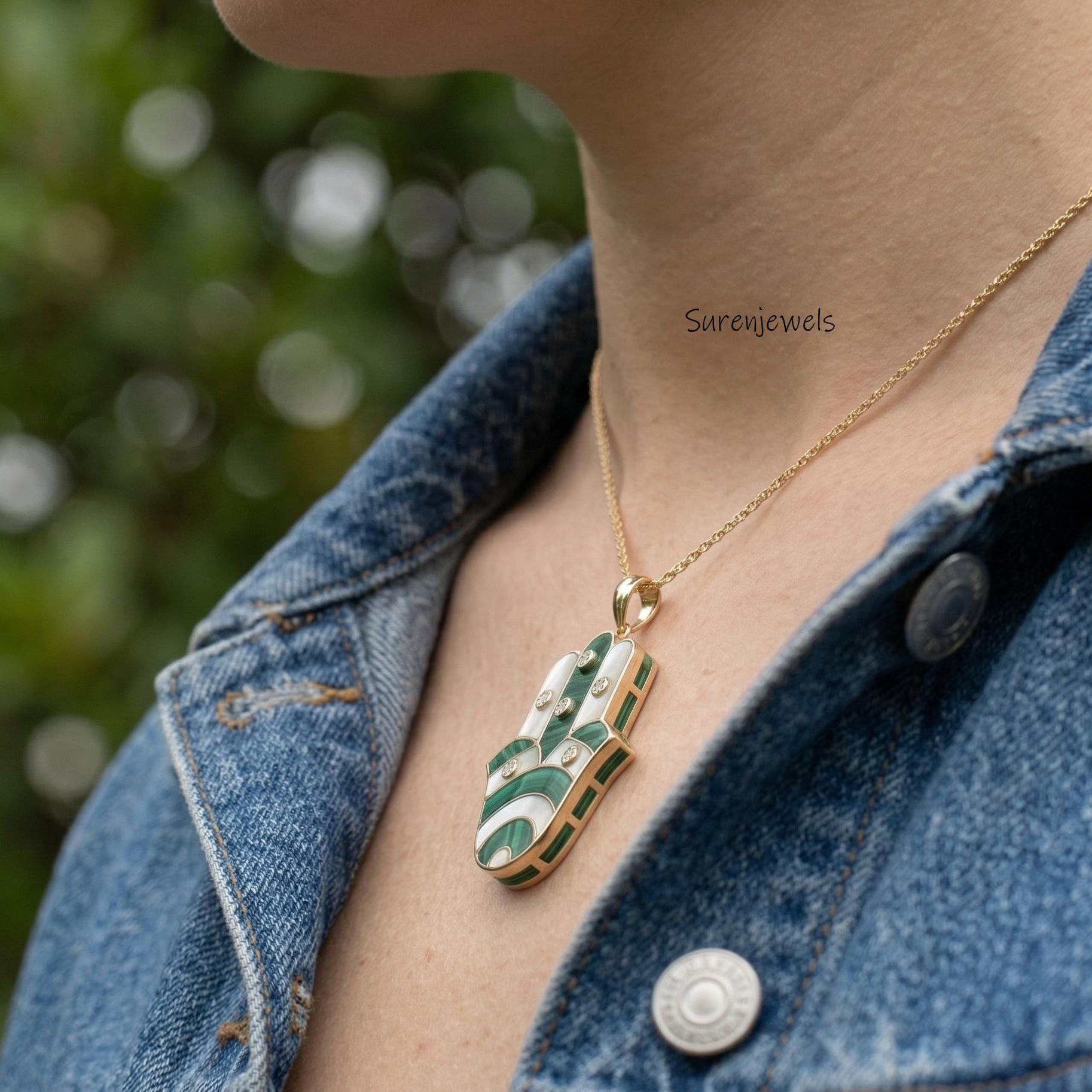 14k Gold Carved Gemstone Fatima figa hand Pendant Jewelry - View 3 - Suren Jewels | SKU: SJP