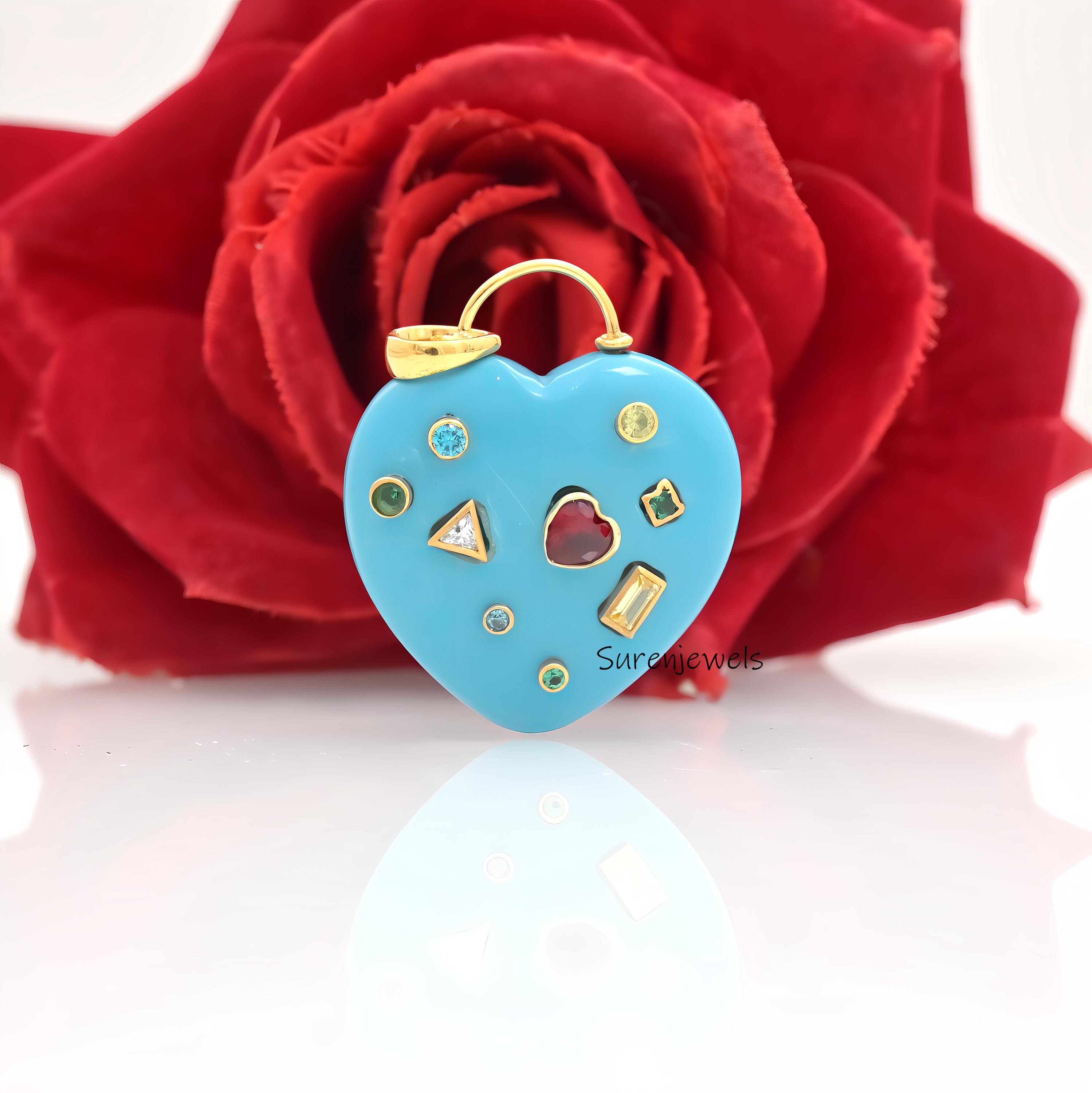 14k Gold Gemstone Heart Padlock Pendant, Carved Heart Lock - Suren Jewels | SKU: SJP4685-SLYGTQMG-35M