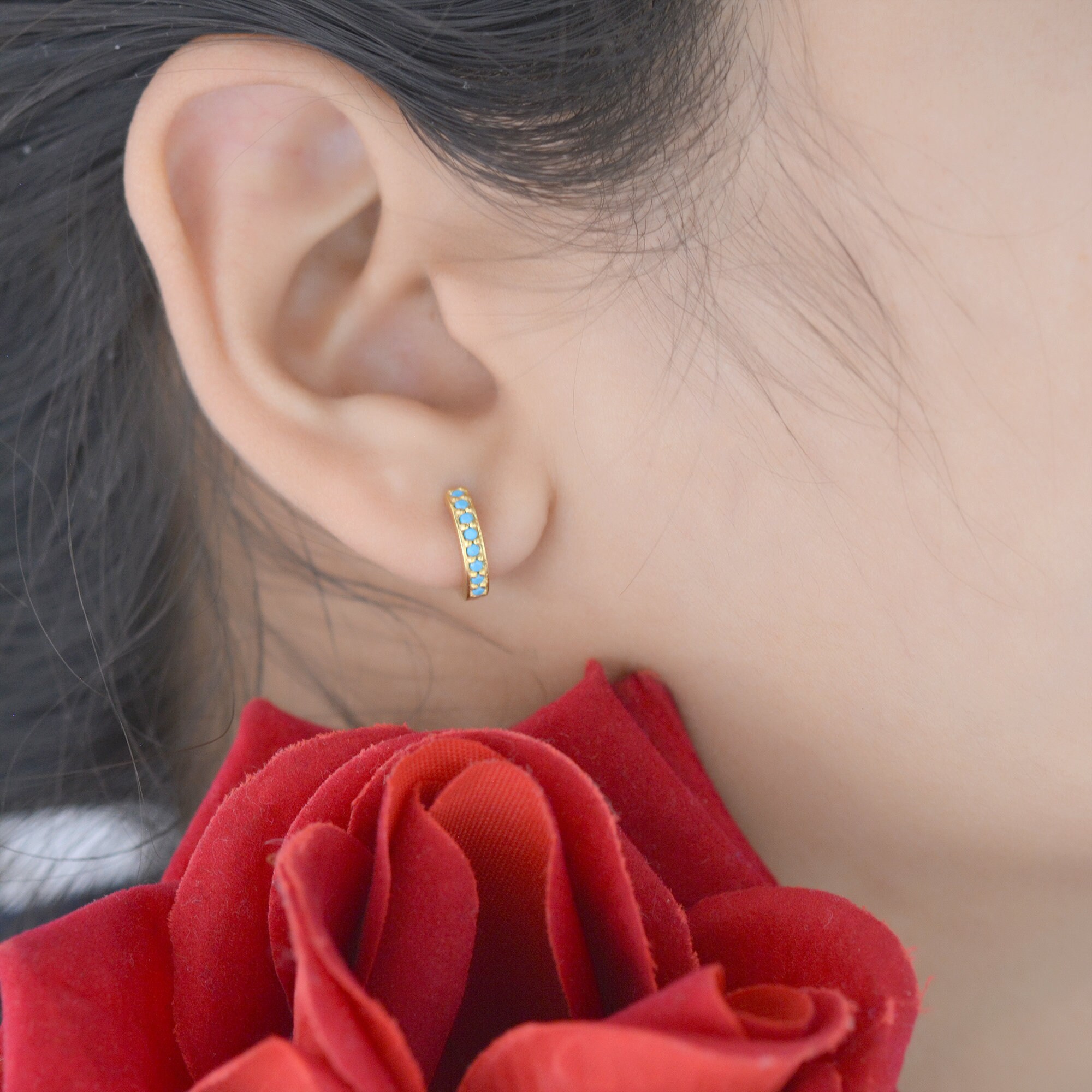 14k Solid Gold Turquoise Huggie Earrings: Handmade Hoop Pair - View 2 - Suren Jewels | SKU: SJE1005-SLYGYQ-10M
