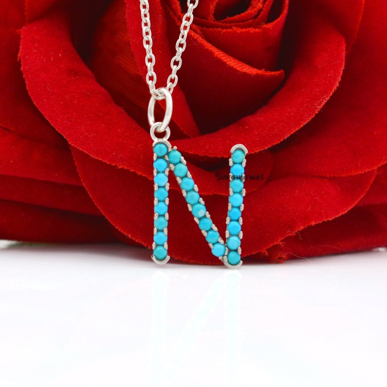 925 Silver Turquoise Letter Pendant: Custom Alphabet Charm - View 6 - Suren Jewels | SKU: SJP87-SLNSTQ-N-N41-18I