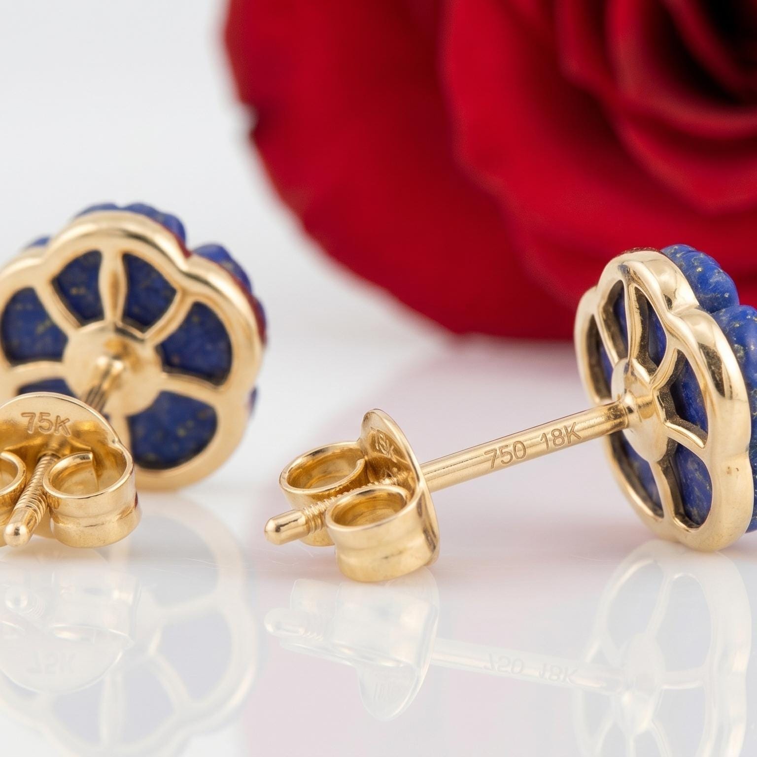 Carved Lapis Lazuli Flower Stud, Designer Carved Flower Dangle Earring, Gemstone Flower Dangle Earring, Vintage Flower Earrin