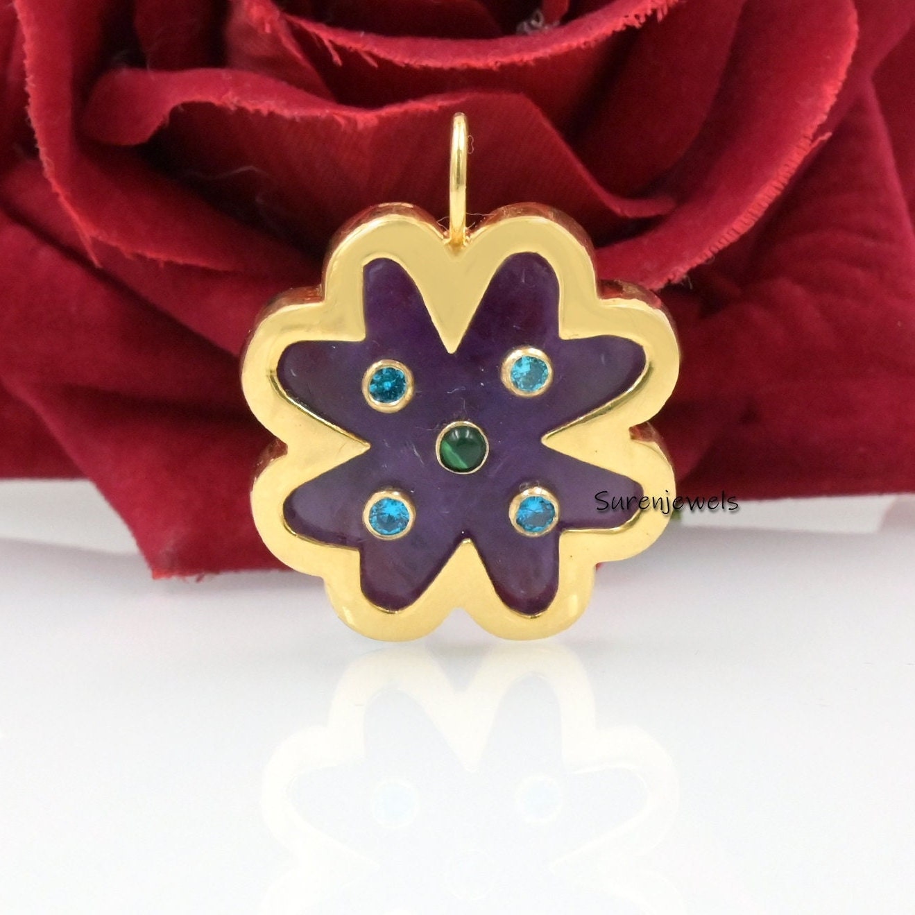 14K Gold Gemstone Clover Pendant: Four Leaf Clover Jewelry - View 2 - Suren Jewels | SKU: SJP1688