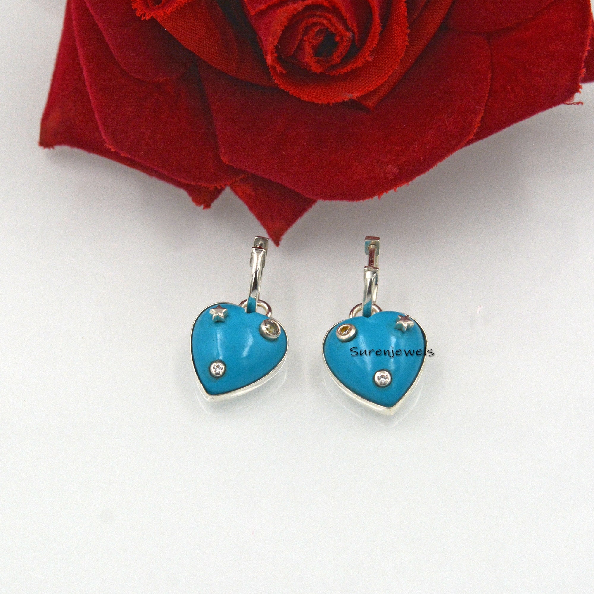 Turquoise Heart Dangle Earrings: 925 Silver Hook Earrings - View 7 - Suren Jewels | SKU: SJE1052