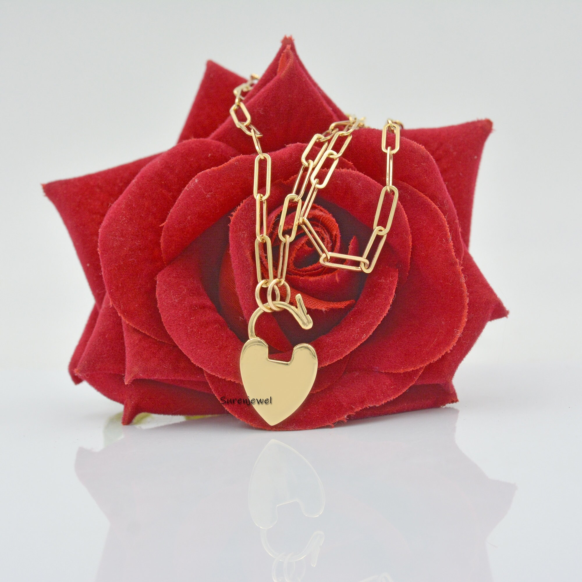 Handmade 14k Gold Heart Padlock: Paperclip Necklace Jewelry - View 3 - Suren Jewels | SKU: SJP48-14KYG-N47-18I