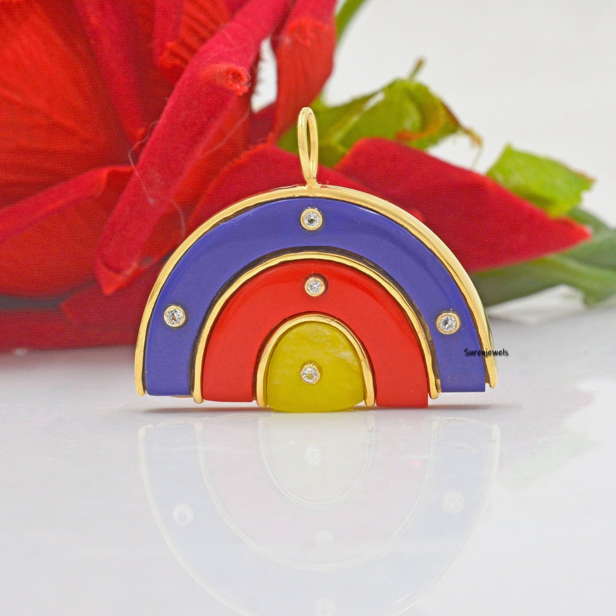 14k Gold Rainbow Pendant: Multi Gemstone & White Topaz - View 2 - Suren Jewels | SKU: SJP1175-SLYGPZCRWT