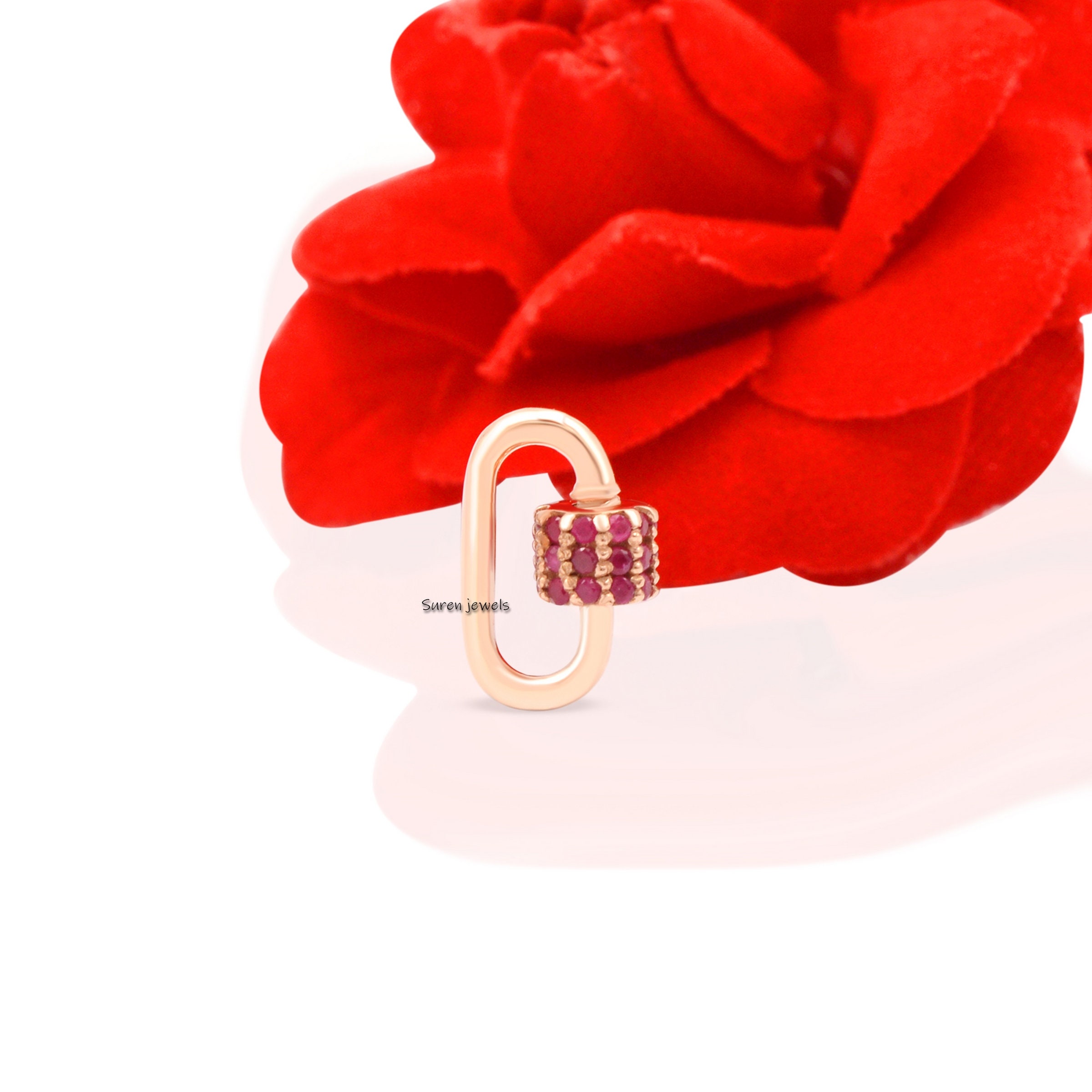 14k Gold Ruby Carabiner Lock, Dainty Charm Lock (12x6MM) - View 5 - Suren Jewels | SKU: SJC132-