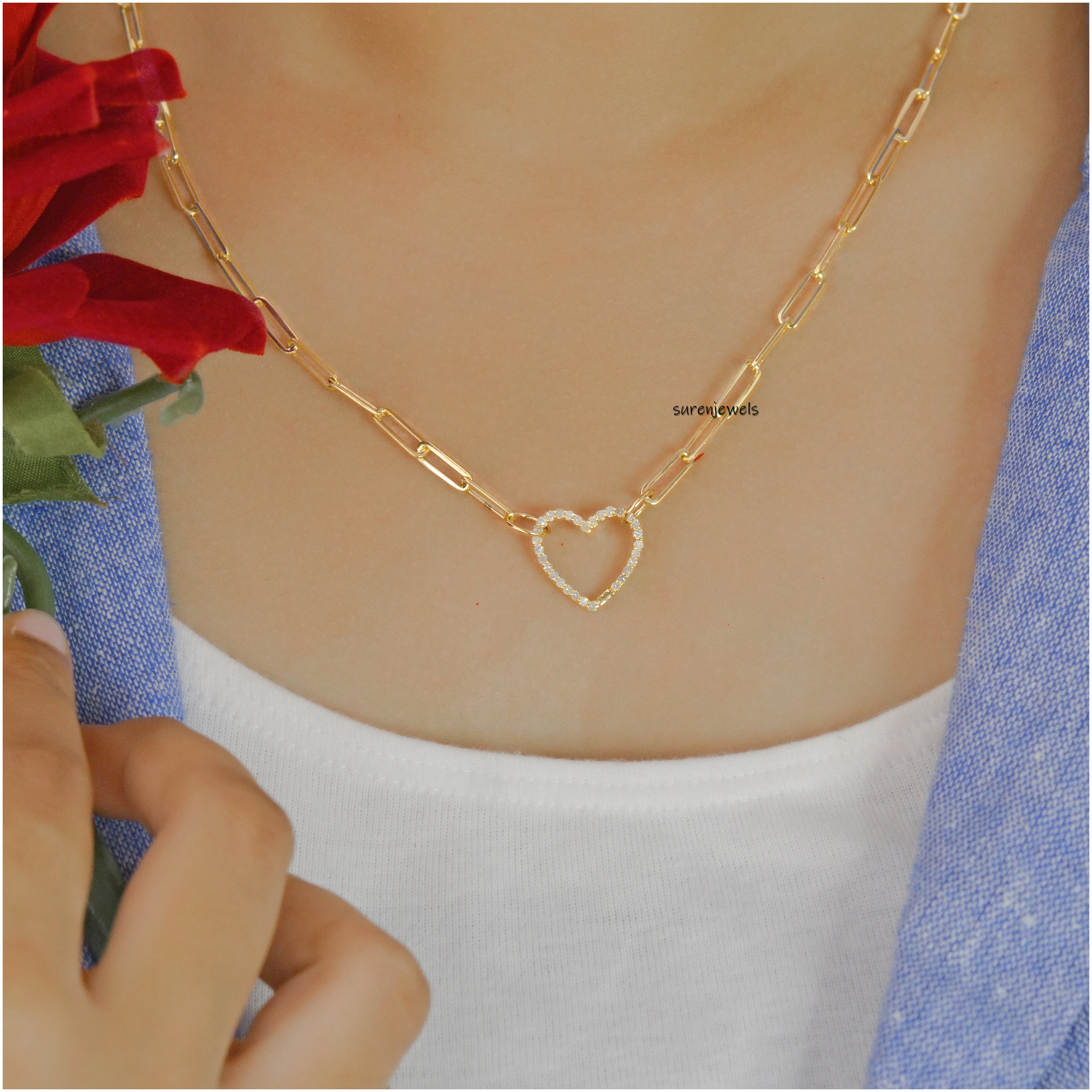 Diamond Heart Charm Enhancer: Gold Thick Link Holder - View 3 - Suren Jewels | SKU: SJP536-SLYGDI-N47-18I