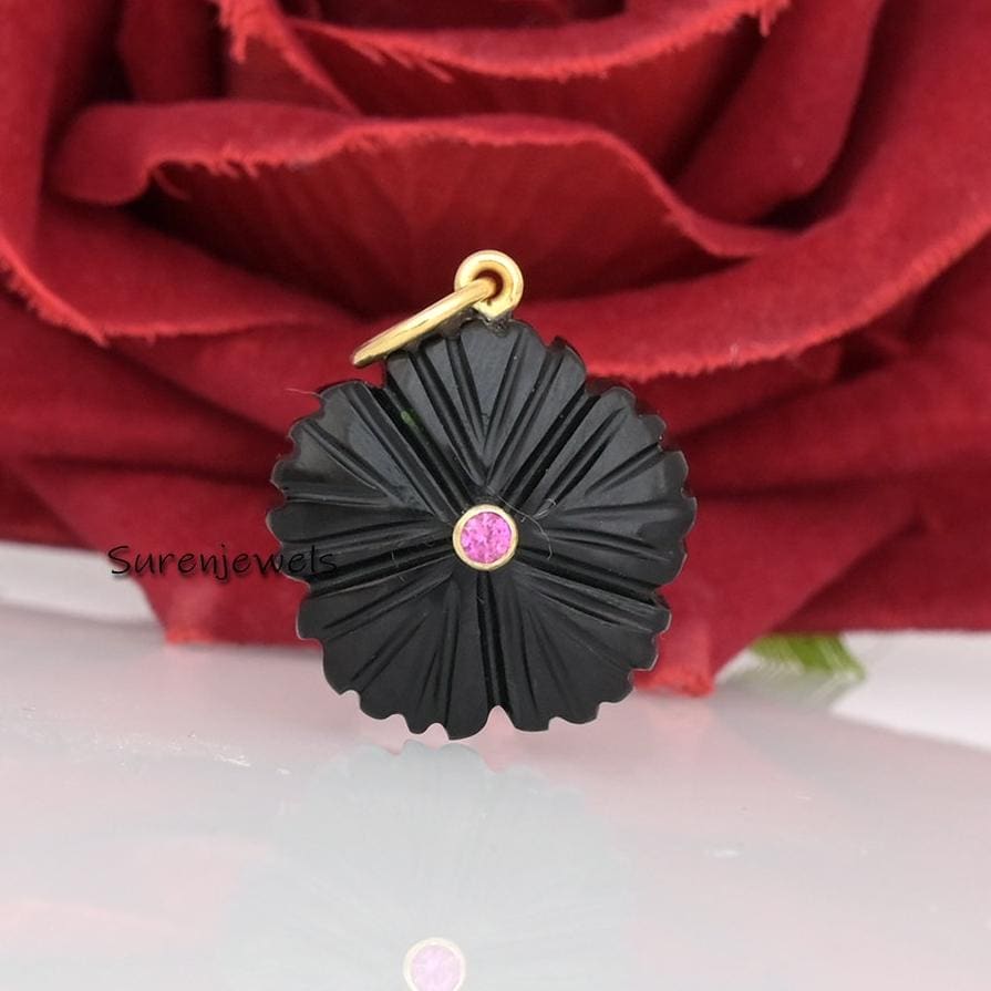 14K Gold Carved Gemstone Flower Pendant with Ruby CZ - View 2 - Suren Jewels | SKU: SJP1921-SLYGTQCZRU