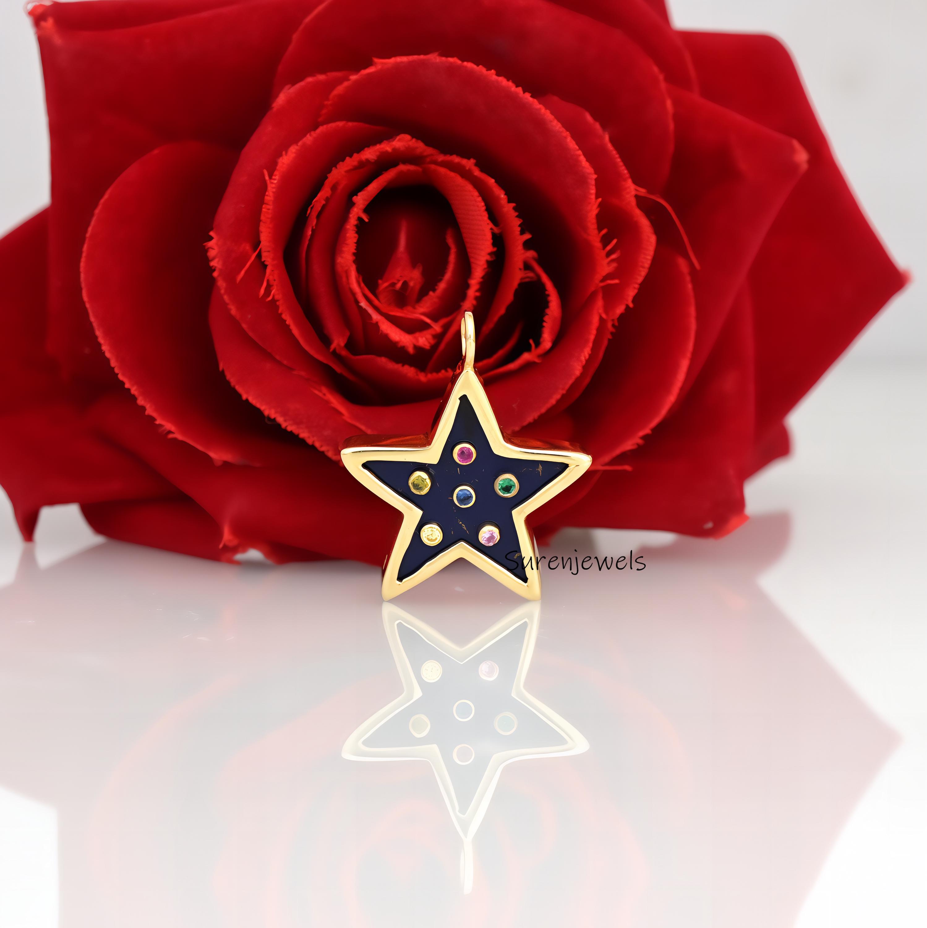 14k Gold Carved Multi Gemstone Star Pendant: Malachite, Lapis, Turquoise - Suren Jewels | SKU: SJp1303