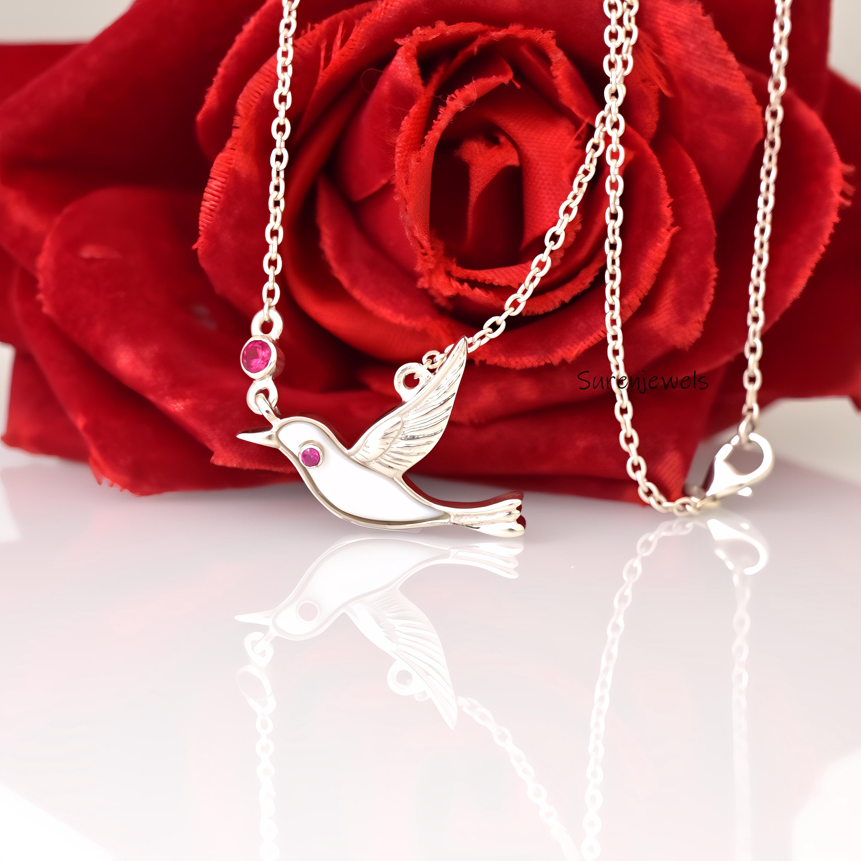 14K Gold Hummingbird Pendant: Ruby CZ Gemstone Bird - Suren Jewels | SKU: SJN
