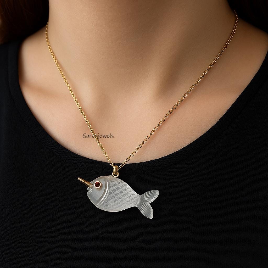 Hand Carved 14K Gold Turquoise Fish Pendant: Ruby Accent, Handmade - View 2 - Suren Jewels | SKU: SJP