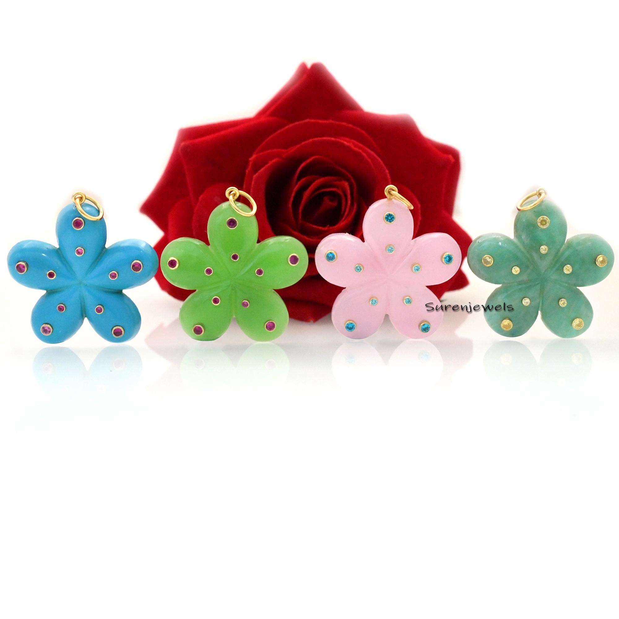 14K Solid Gold Gemstone Flower Pendant - Handmade Vintage Style - Suren Jewels | SKU: SJP2453-SLYGGOPCZR