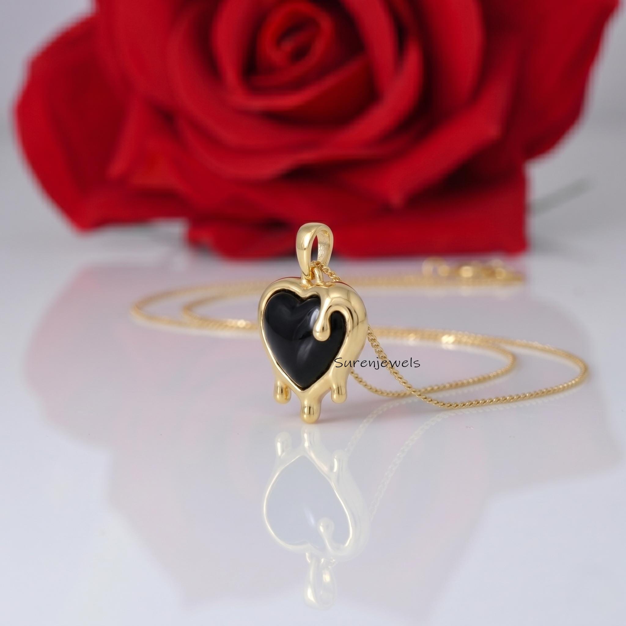 Gold Melting Heart Pendant, Gemstone Heart Pendant, Drip Heart Pendant, Gothic Valentine Jewelry, Aesthetic Minimalist pendan