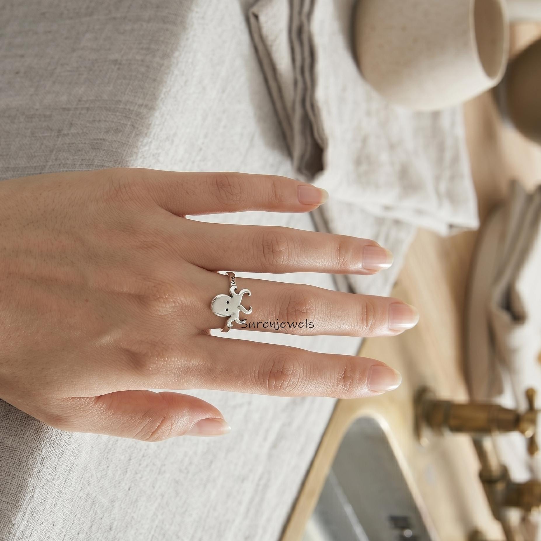 Silver Octopus Ring, Cute Sea Animal Jewelry for Her, Unique Nautical Accessory, Ocean Theme Gift, Adjustable Band - View 2 -