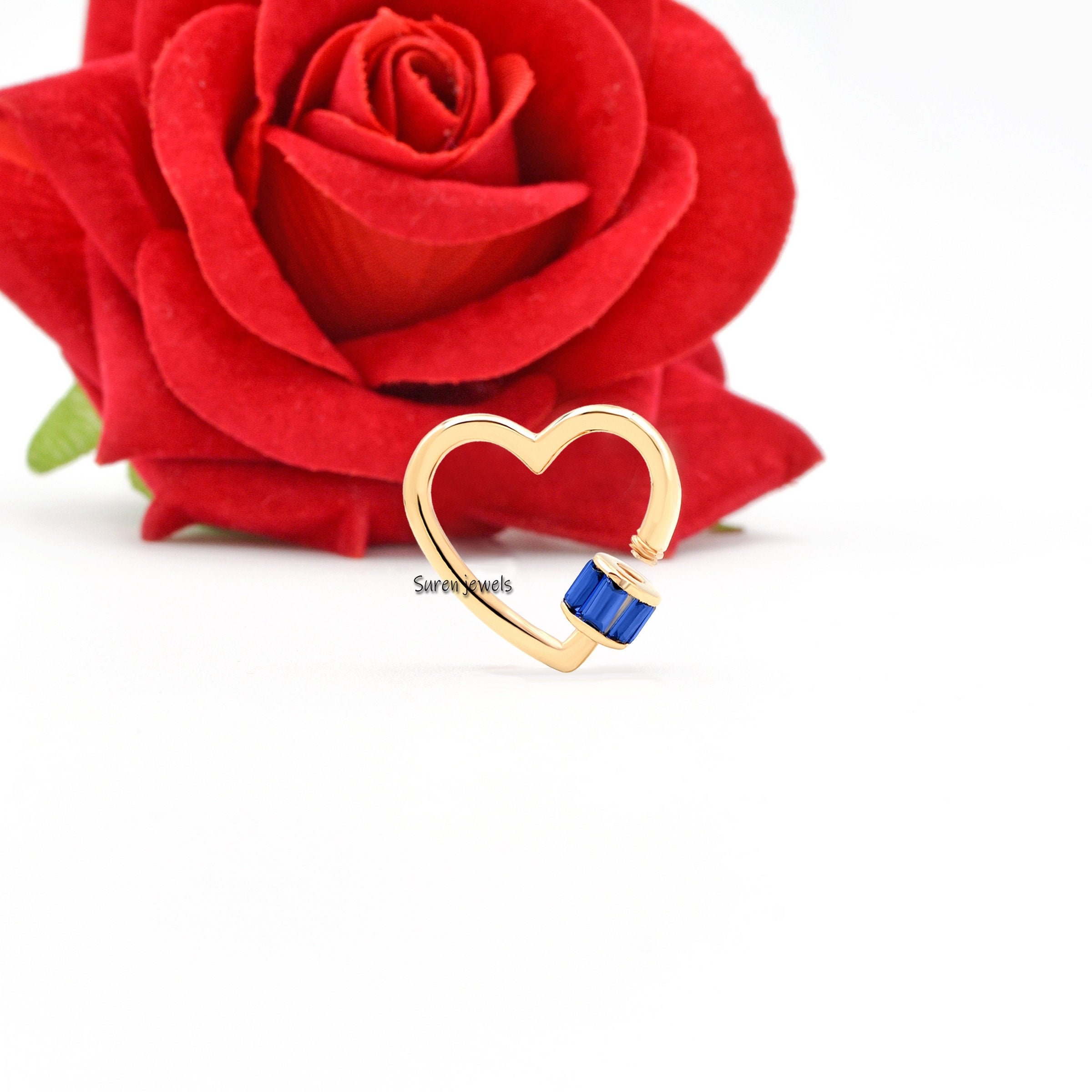 925 Silver Heart Carabiner Lock: Baguette Pendant, Designer Jewelry - View 2 - Suren Jewels | SKU: SJC14-14KYGBTTBSP-20M