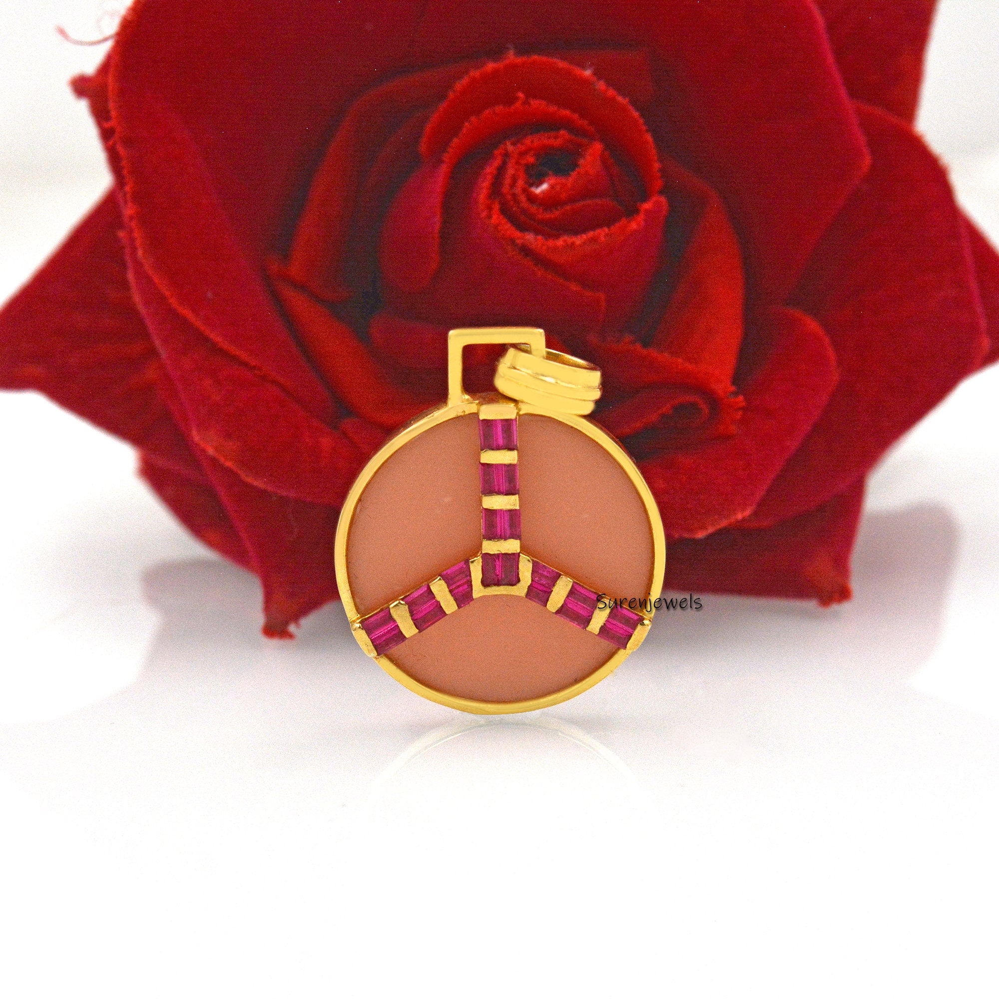 14k Gold Gemstone Peace Pendant: Ruby Baguette Accent - View 4 - Suren Jewels | SKU: SJP1695