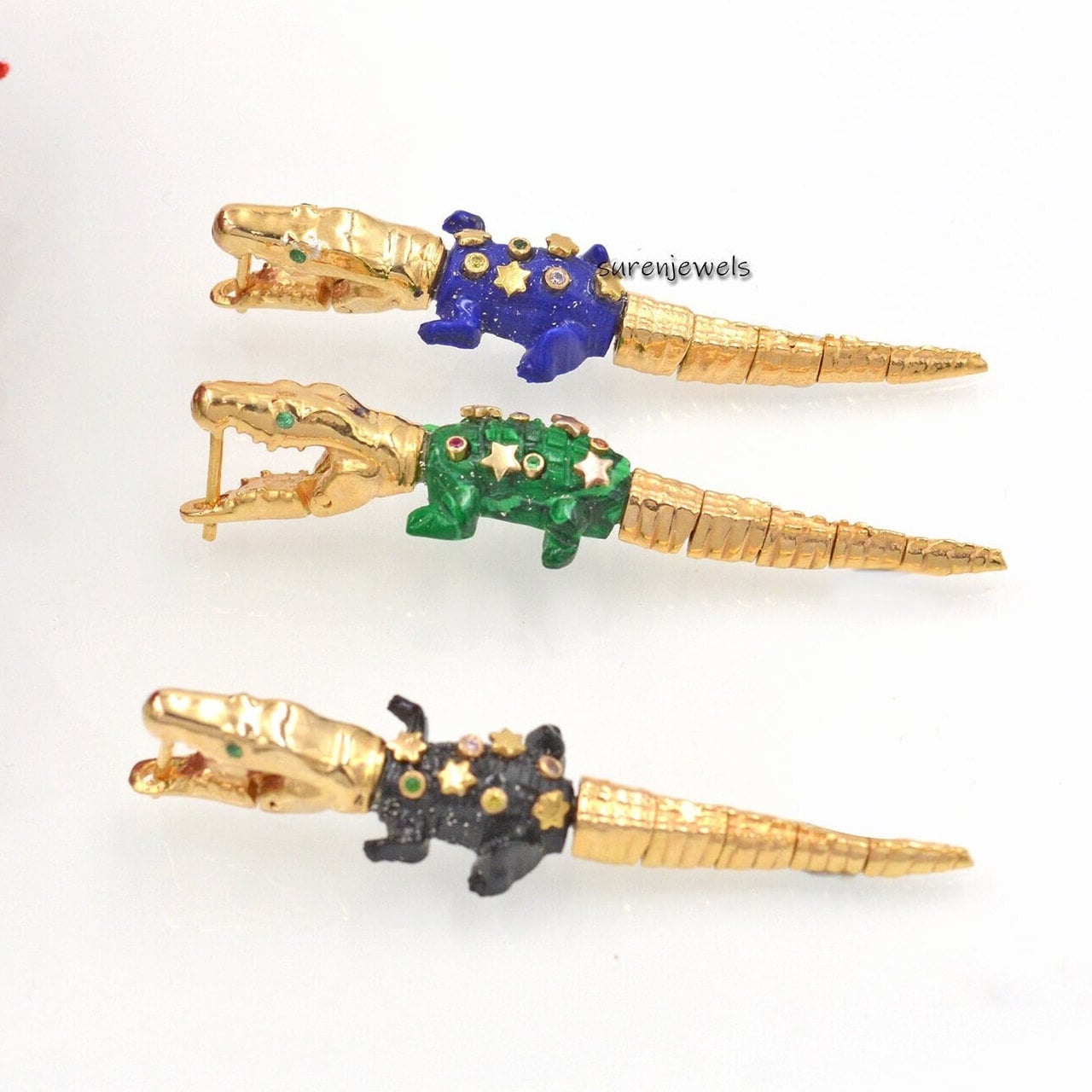 14K Gold Gemstone Crocodile Earring, Handmade Designer Alligator - View 2 - Suren Jewels | SKU: SJP1189-SLYGLPZMTCSEM