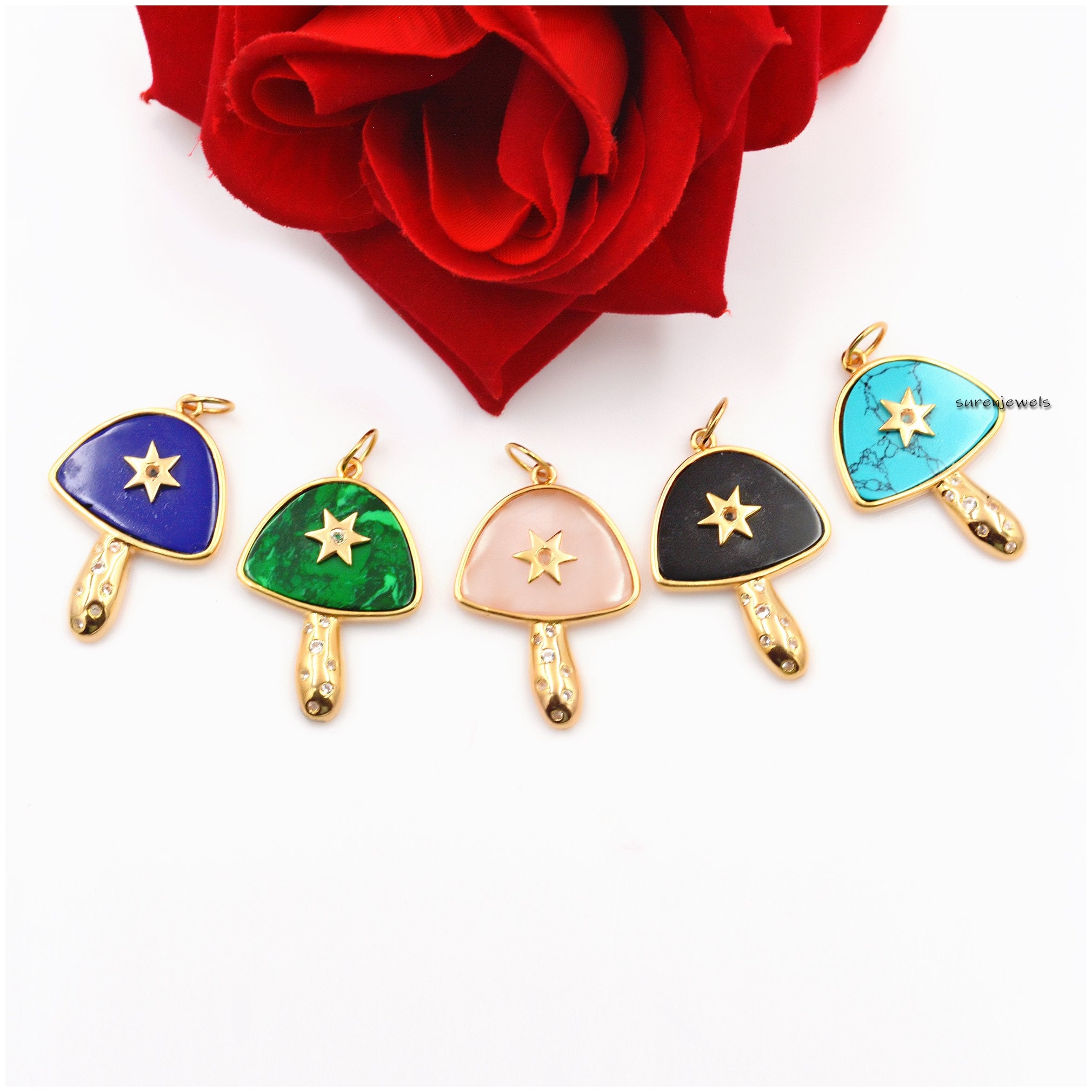 14K Gold Plated Mushroom Pendant: Multi Stone, White Topaz - View 3 - Suren Jewels | SKU: SJM23-SLYGMSWT