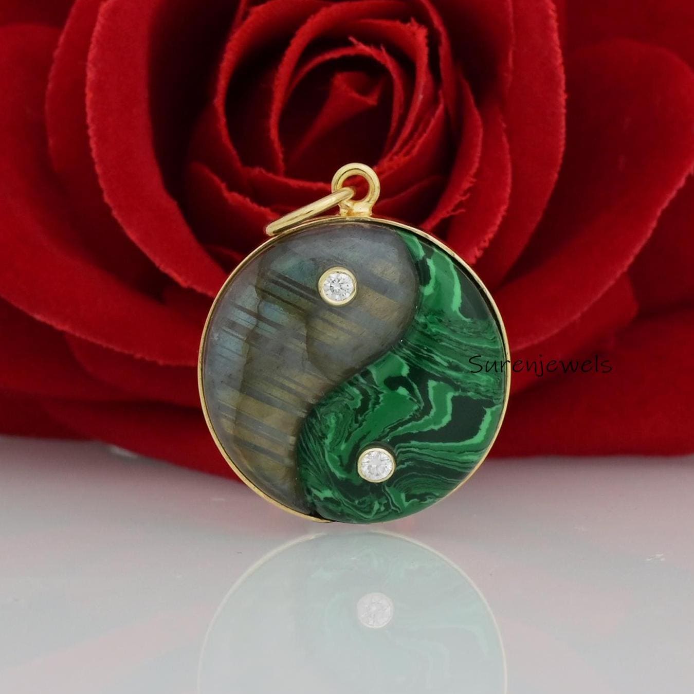 14K Gold Yin Yang Pendant, Gemstone Chinese Charm - View 2 - Suren Jewels | SKU: SJP1585-SLYGMOPGOPMN