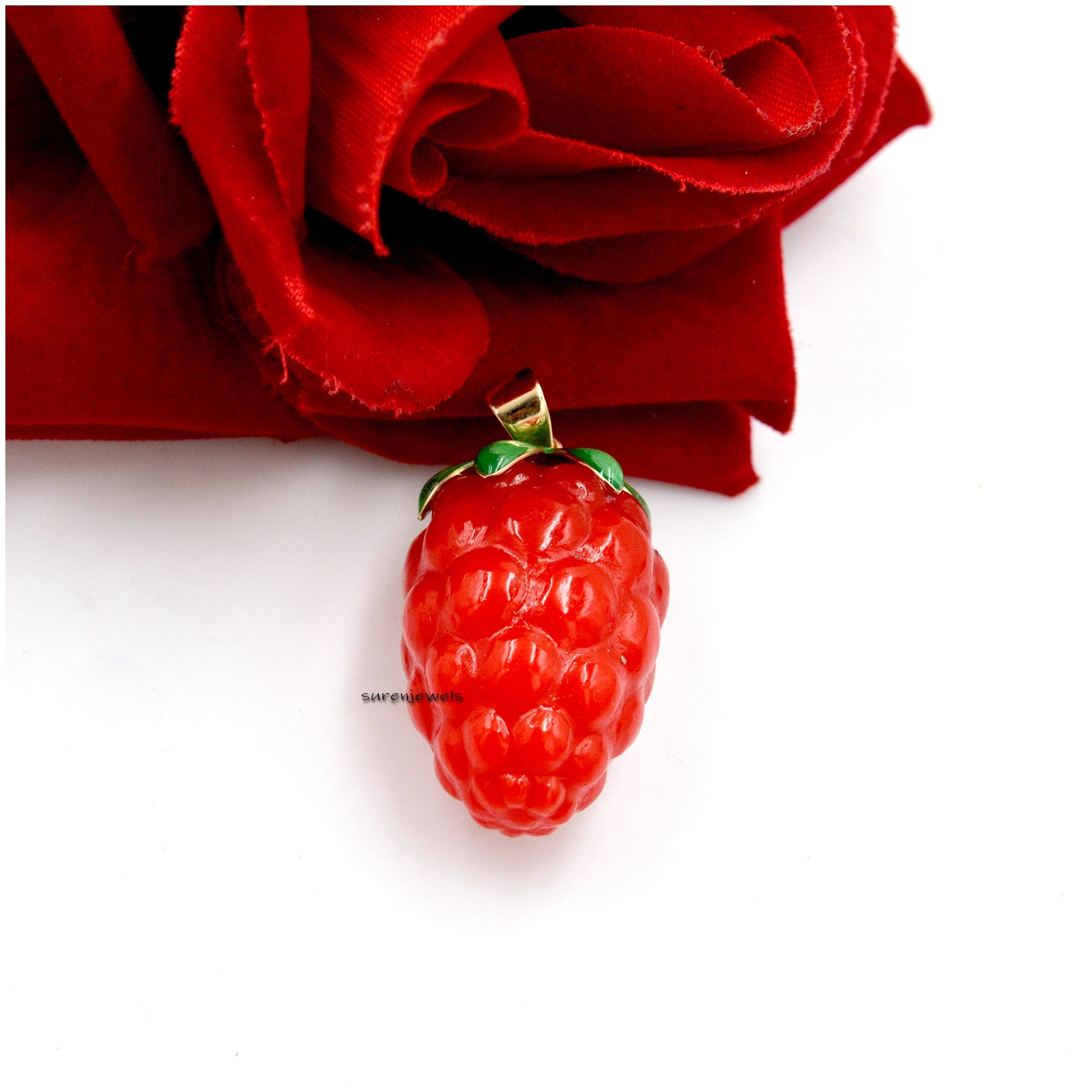 Hand Carved 14k Gold Gemstone Strawberry Pendant: Handmade Enamel Jewelry - View 2 - Suren Jewels | SKU: SJP1376-9KYGRUCZ
