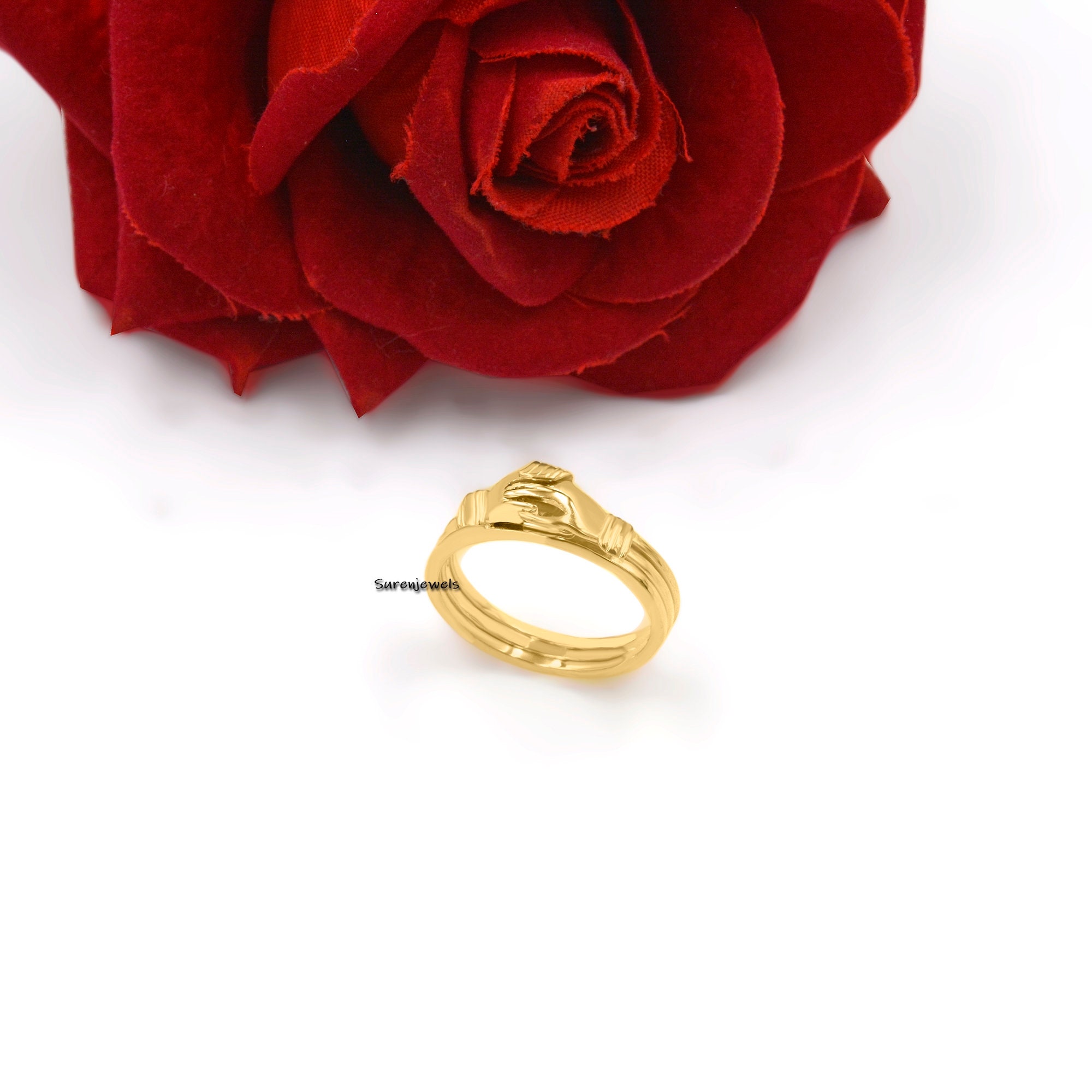 14K Gold Fede Gimmel Ring: Vintage Holding Hands Ring - View 4 - Suren Jewels | SKU: SJR236-14KYG