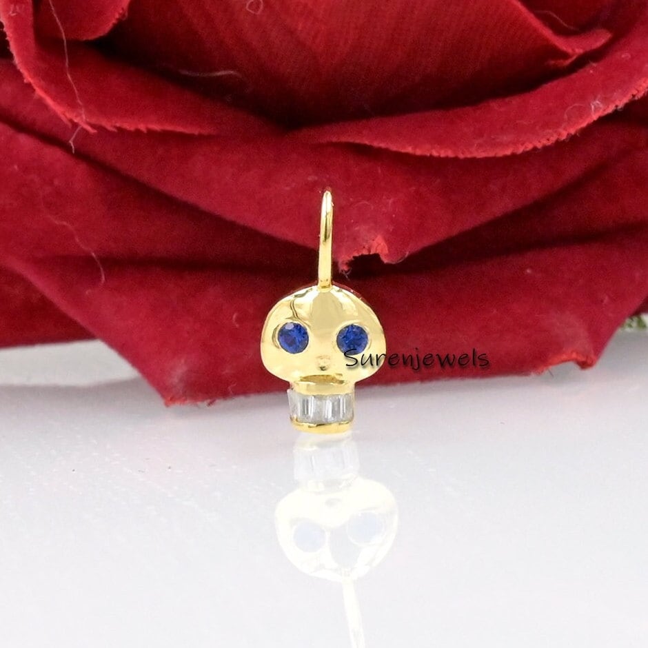 14k Gold Skull Pendant with Gemstone Eyes & Topaz Teeth - View 3 - Suren Jewels | SKU: SJP2562