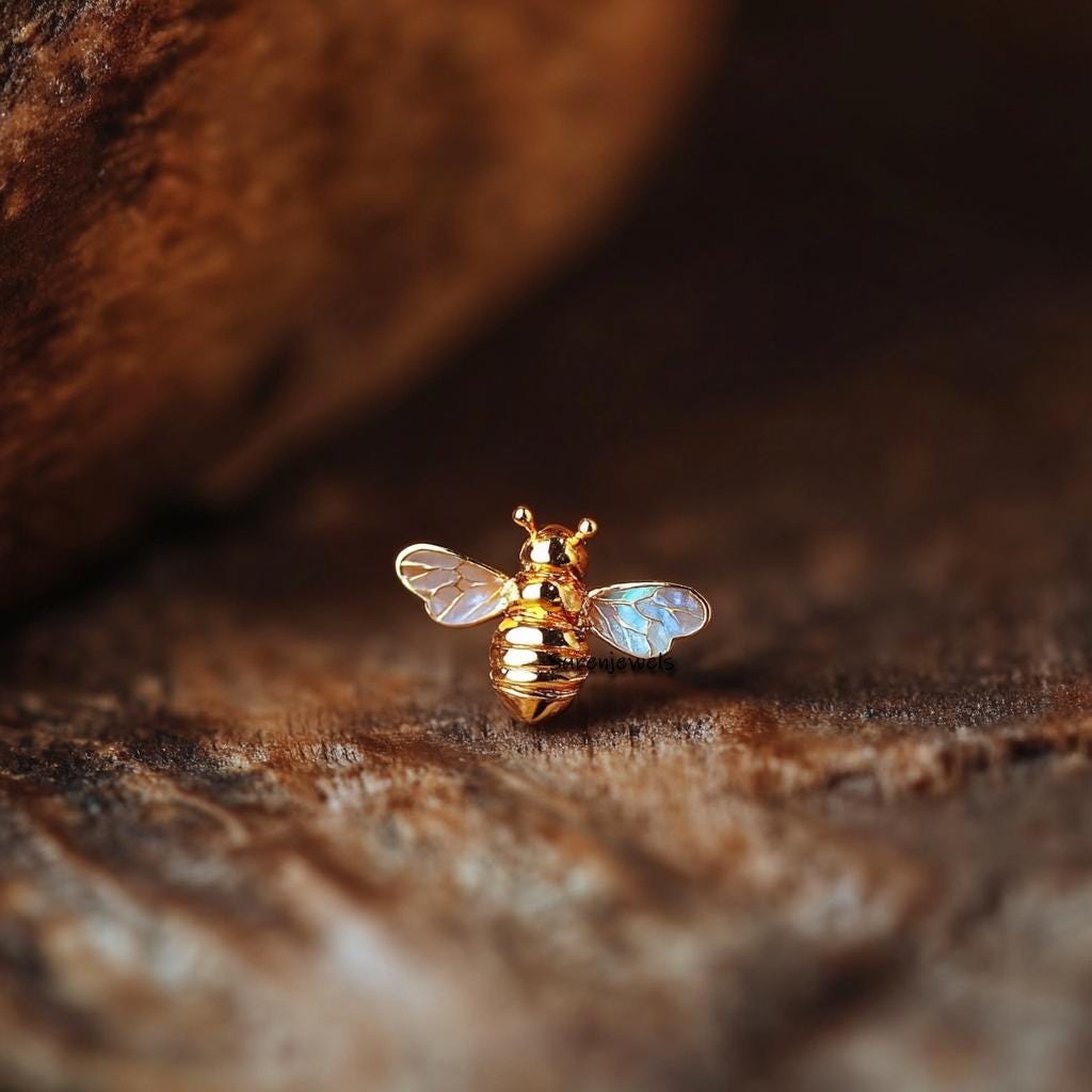 14K Gold Honey Bee Stud Earrings: Dainty Bumble Bee Jewelry - View 2 - Suren Jewels | SKU: SJE1756-SLYGEOP-12M,SJE1753-SLYGLP