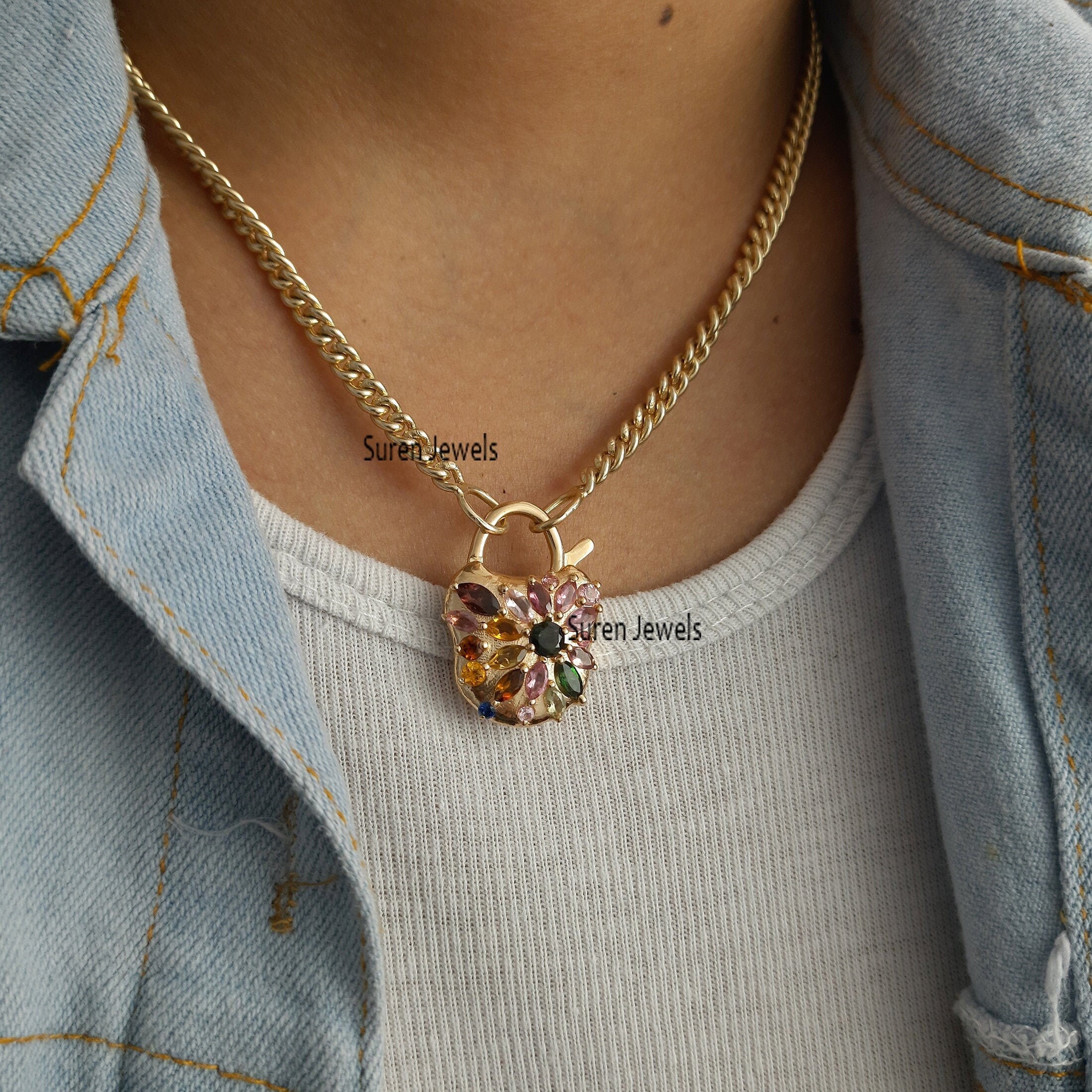 Gold Vermeil Multi Tourmaline Padlock Pendant: 925 Silver Connector - View 5 - Suren Jewels | SKU: SJP41-SLYGMTTL-N22-18I