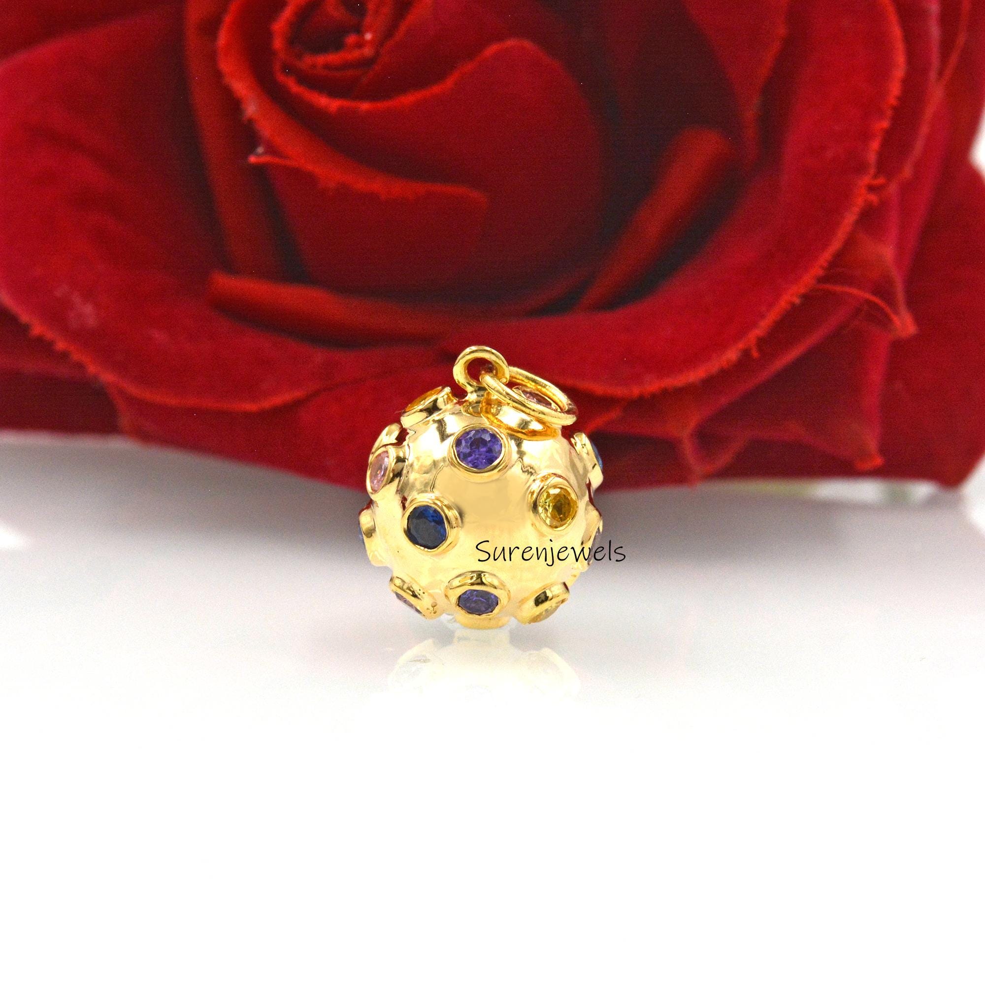 14k Gold Gemstone Ball Pendant: Diamond Star Design, Handmade - Suren Jewels | SKU: SJP1488-SLNSMT-25M