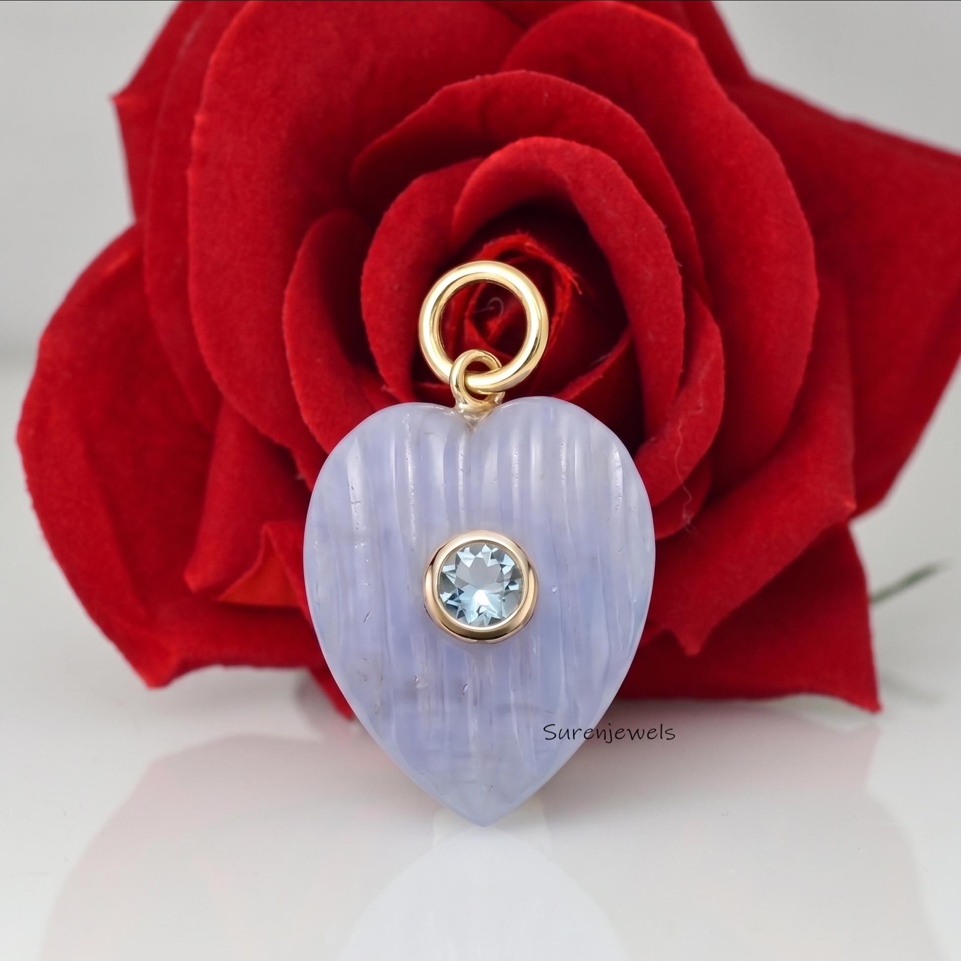 14K Gold Malachite Heart Pendant, Fluted Gemstone Heart Charm Pendant, Coral Heart Pendant, Crystal Heart Pendant, Gemstone D