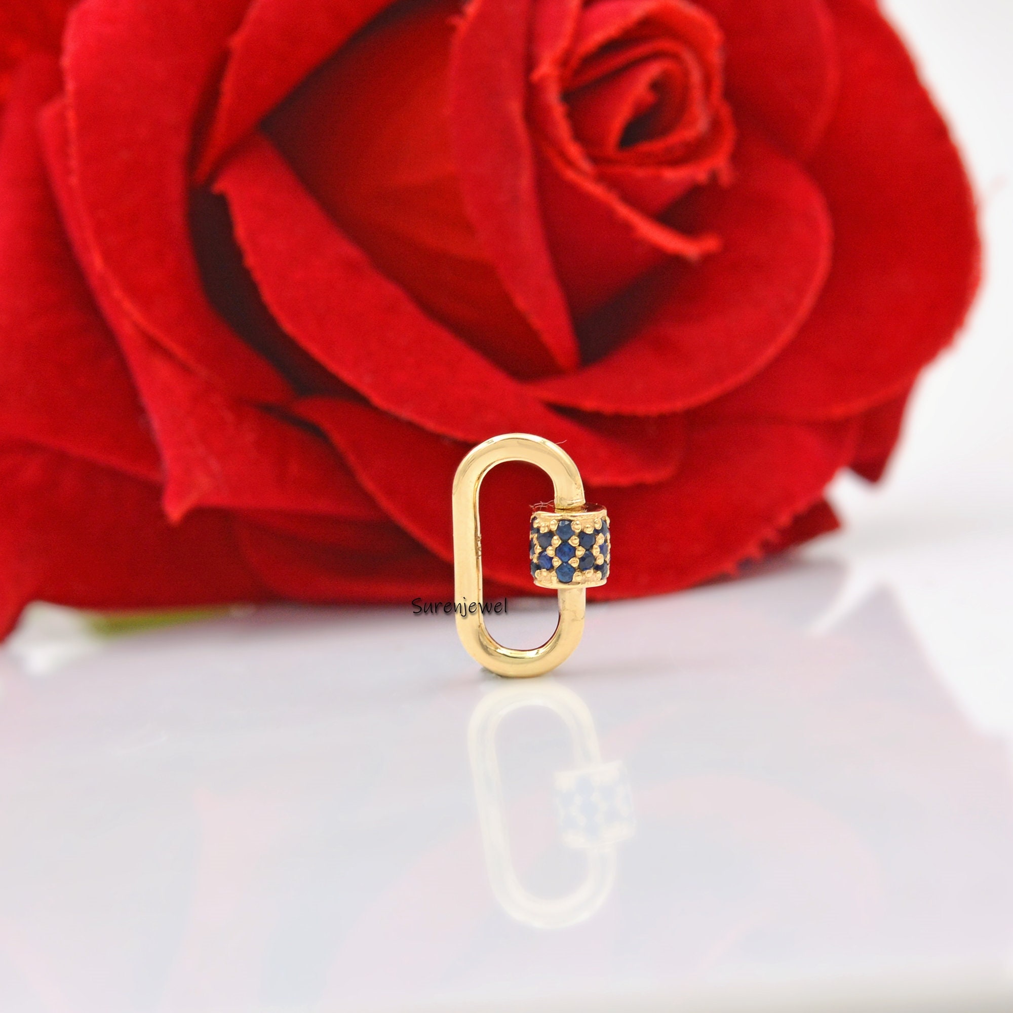9k Gold Blue Sapphire Carabiner Lock: Handmade Pendant (15*9 mm) - View 2 - Suren Jewels | SKU: SJC07-9KRGBSP-15M